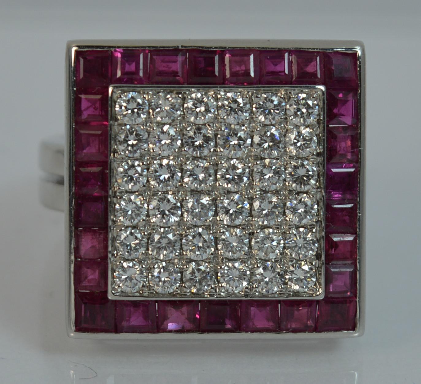 Large Art Deco Diamond Ruby 18 Carat White Gold Cluster Ring 6