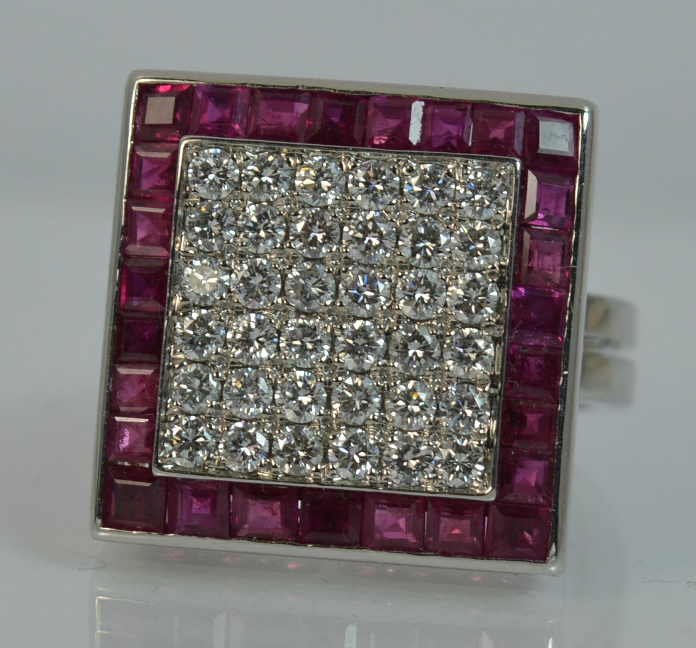 Large Art Deco Diamond Ruby 18 Carat White Gold Cluster Ring 7