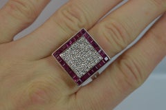 Large Art Deco Diamond Ruby 18 Carat White Gold Cluster Ring