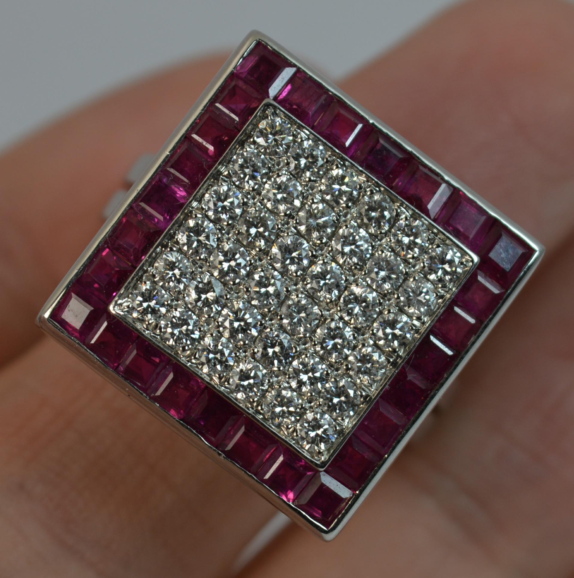 Large Art Deco Diamond Ruby 18 Carat White Gold Cluster Ring 1