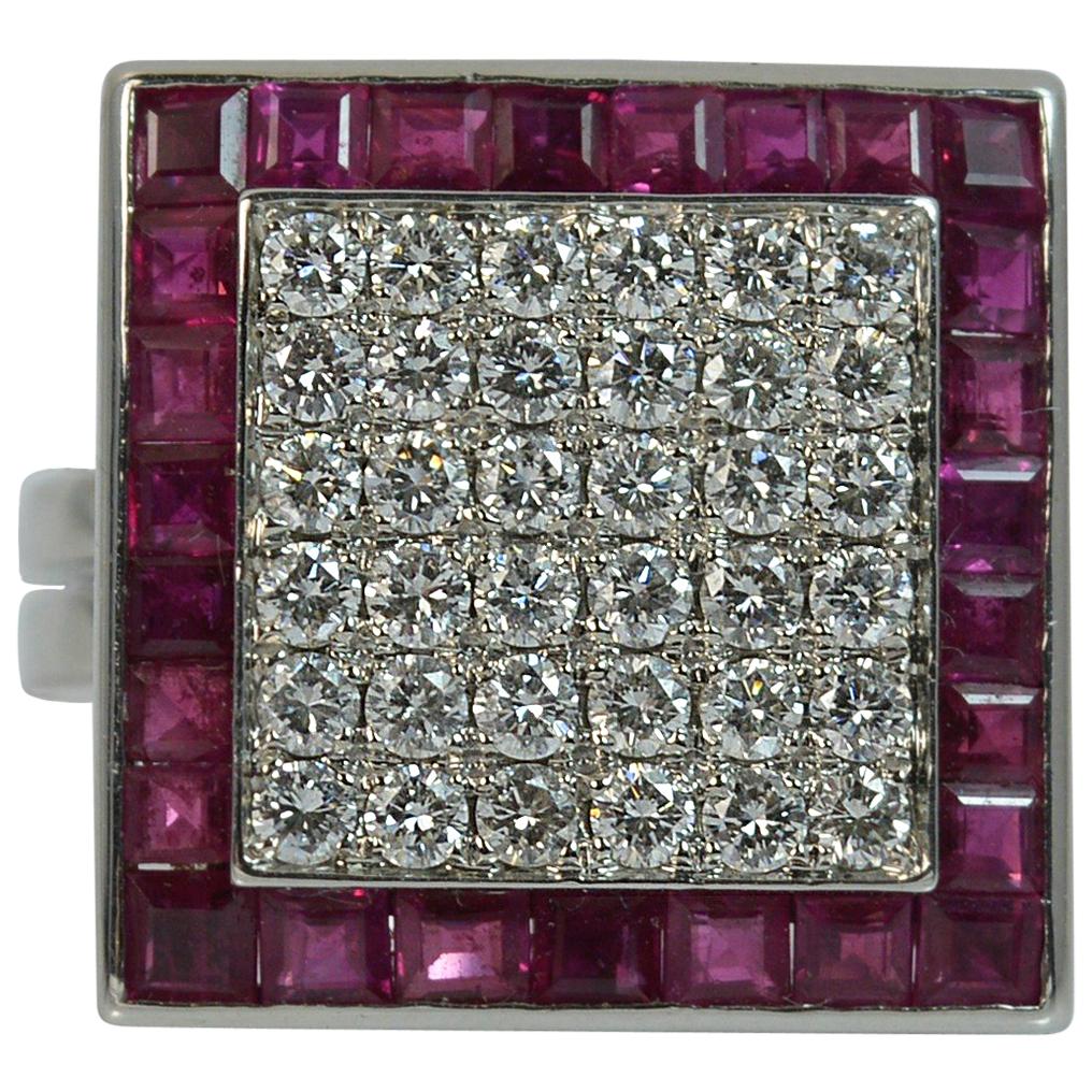 Large Art Deco Diamond Ruby 18 Carat White Gold Cluster Ring