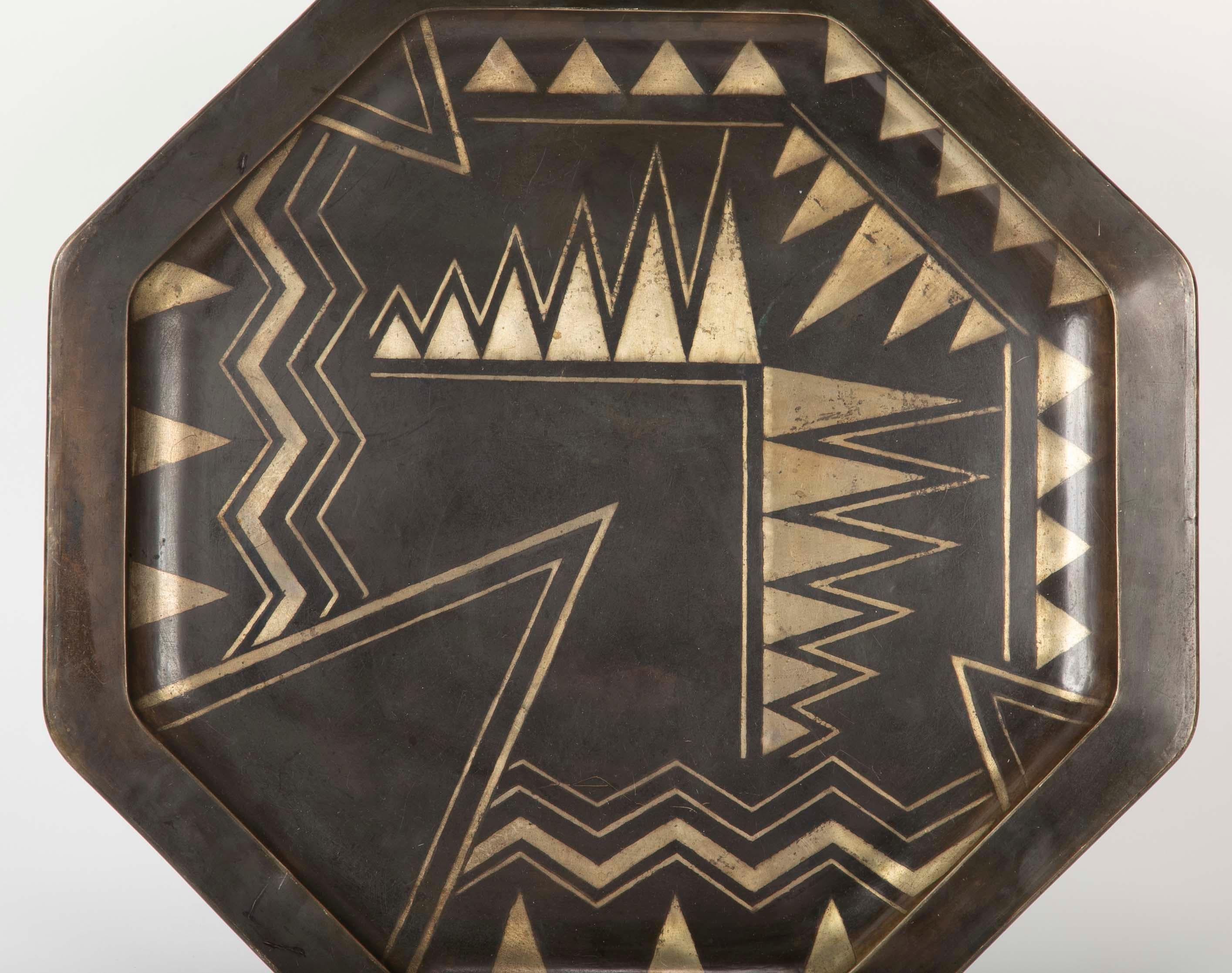 A octagonal Art Deco Dinanderie tray by Laurent L. Laurensou. Signed on the back Laurent L. Laurensou 419.