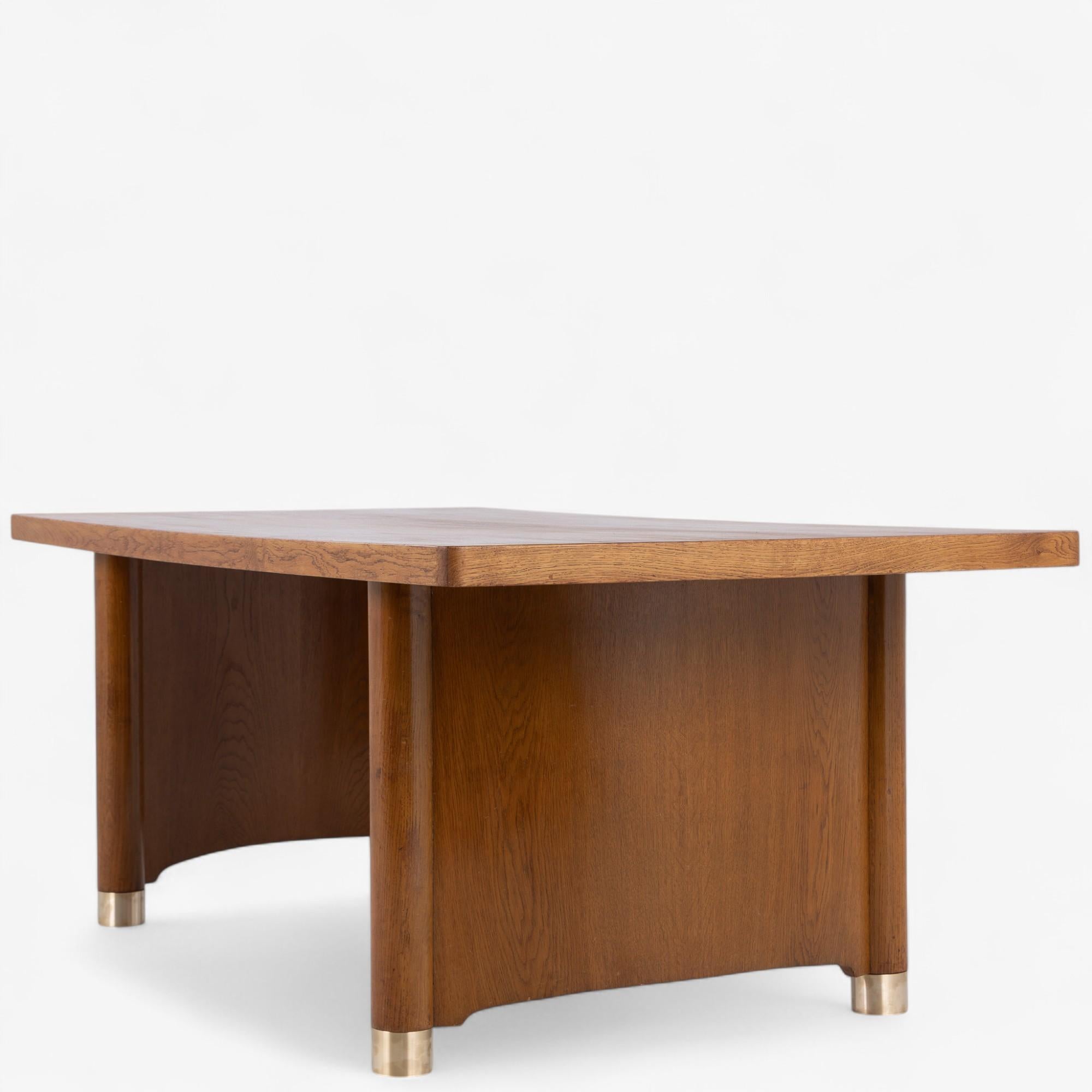 Brass Large 'Art Deco' dining table/desk in patinated oak For Sale