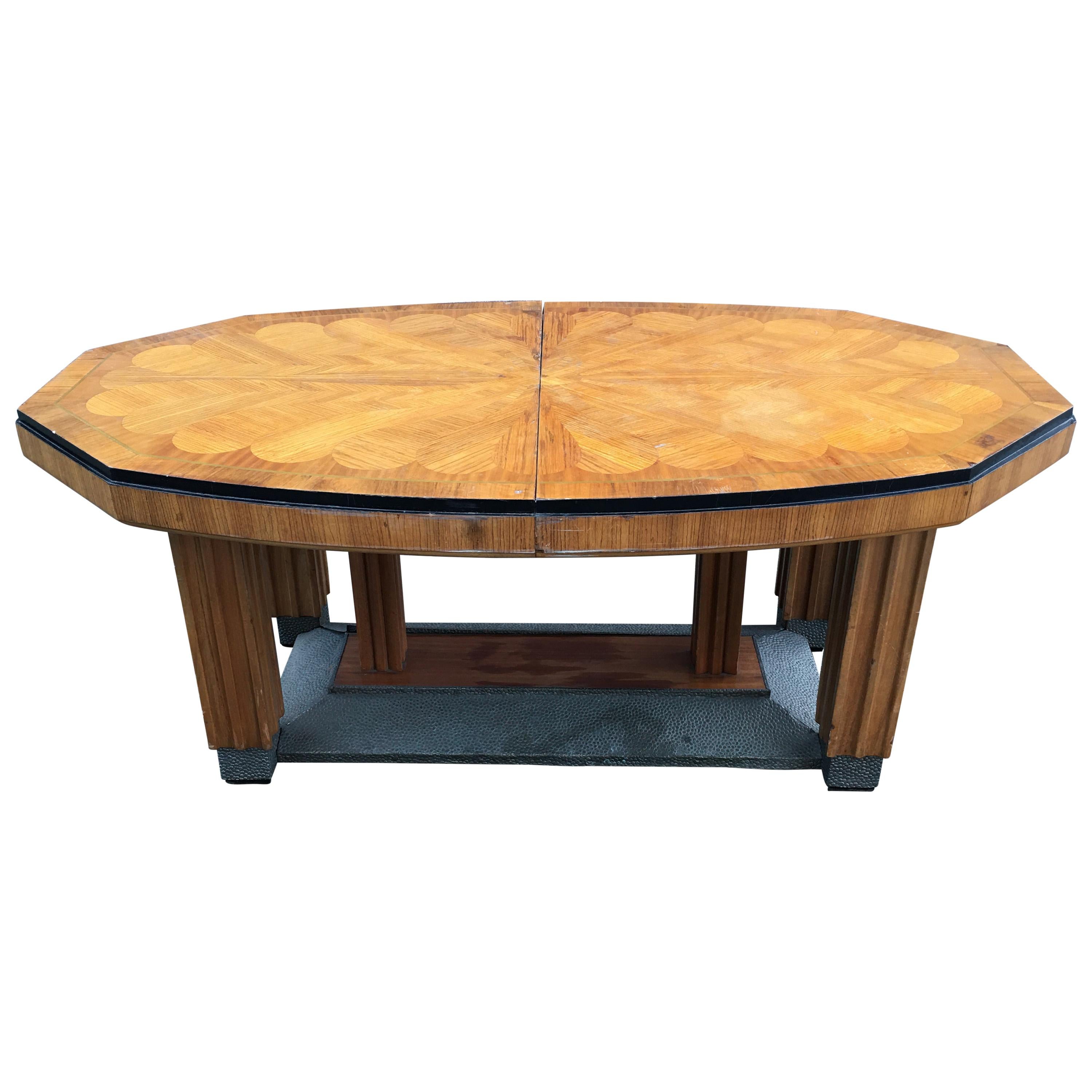 Large Art Deco Dining Table with Marquetry Design on the Top, circa 1925-1930 For Sale