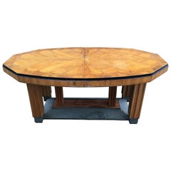 Antique Large Art Deco Dining Table with Marquetry Design on the Top, circa 1925-1930