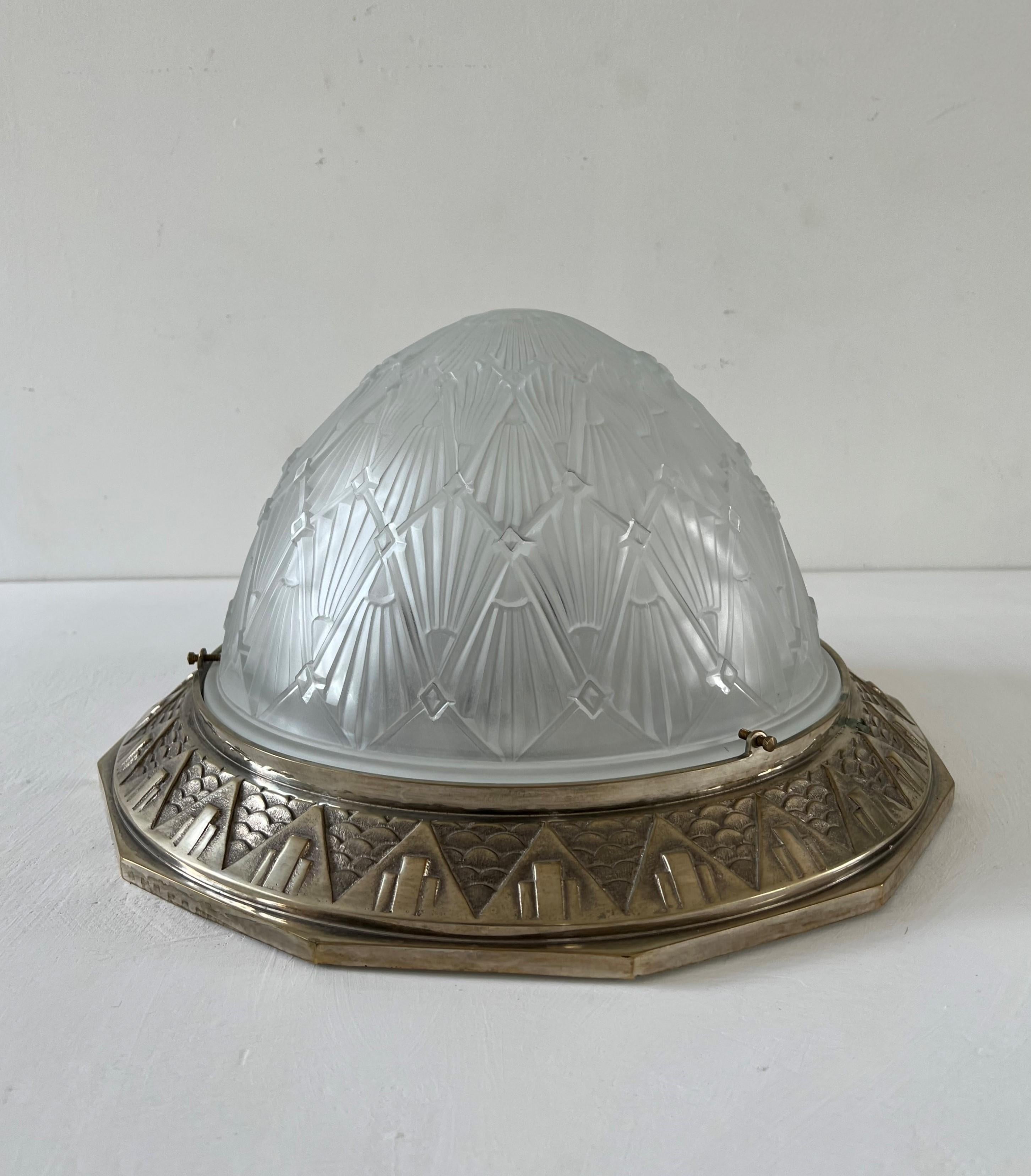Large Art Deco Dome Flush Mount, Frosted Glas and Nickeled Bronze, France 1930s For Sale 5