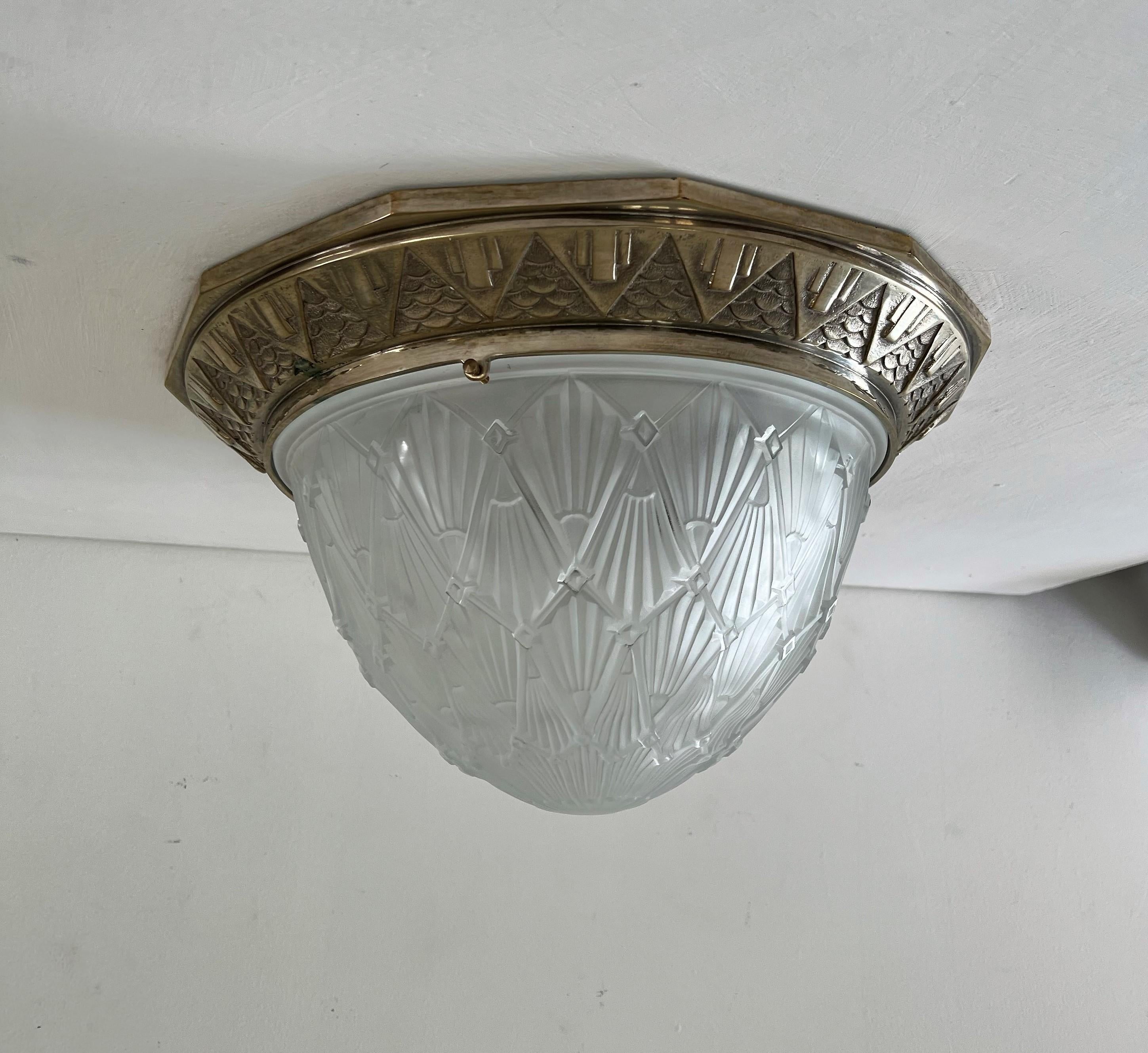 Large Art Deco Dome Flush Mount, Frosted Glas and Nickeled Bronze, France 1930s For Sale 7