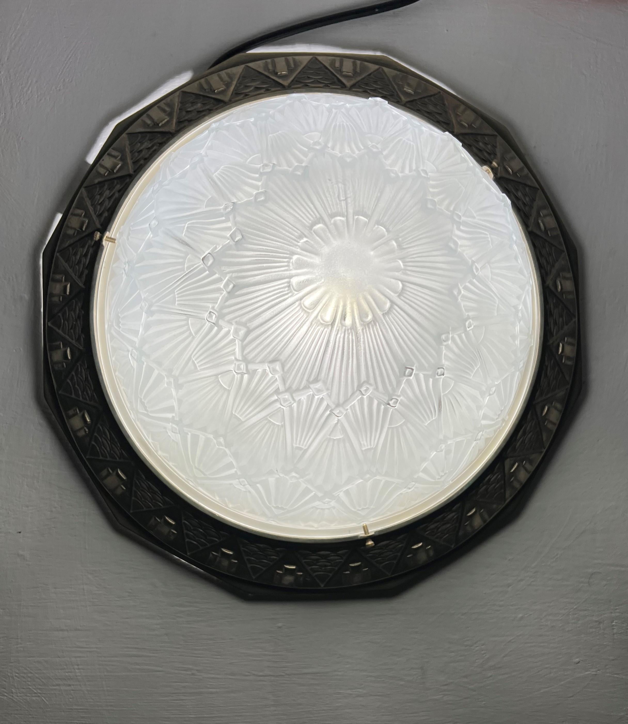 Large Art Deco Dome Flush Mount, Frosted Glas and Nickeled Bronze, France 1930s For Sale 8