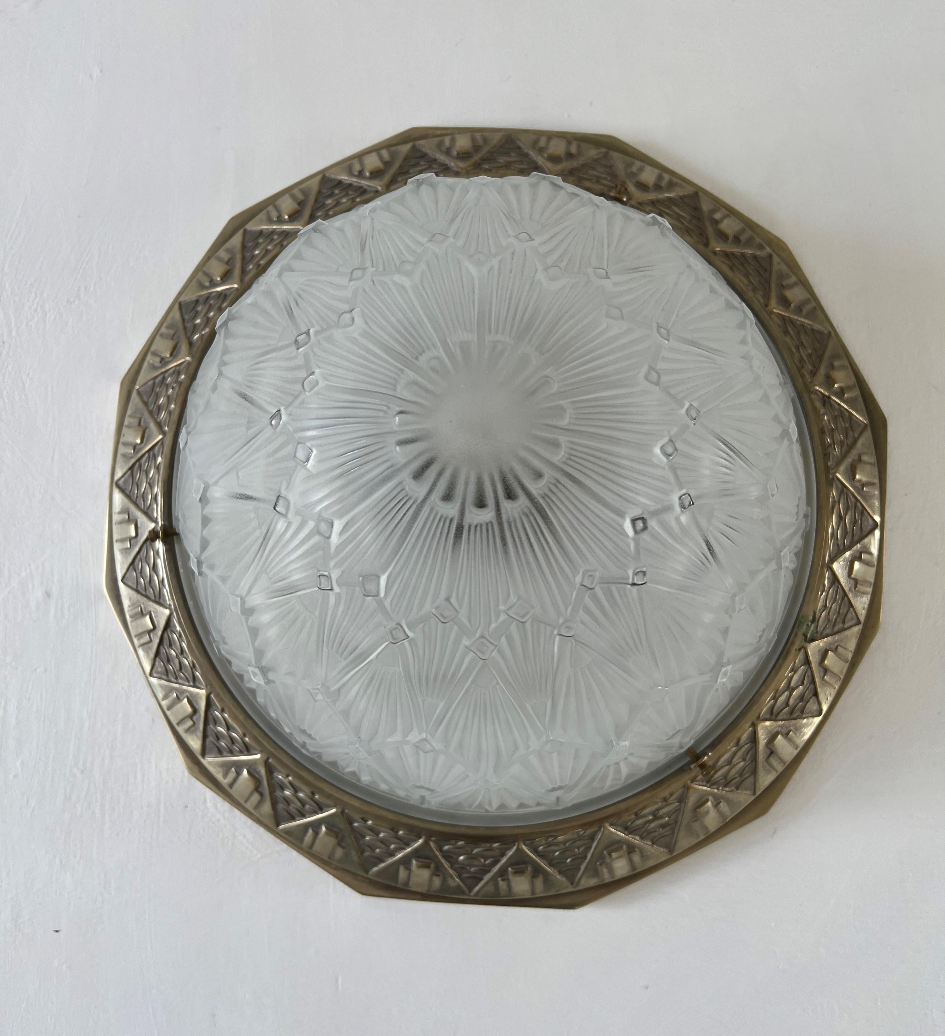 Large Art Deco Dome Flush Mount, Frosted Glas and Nickeled Bronze, France 1930s For Sale 9