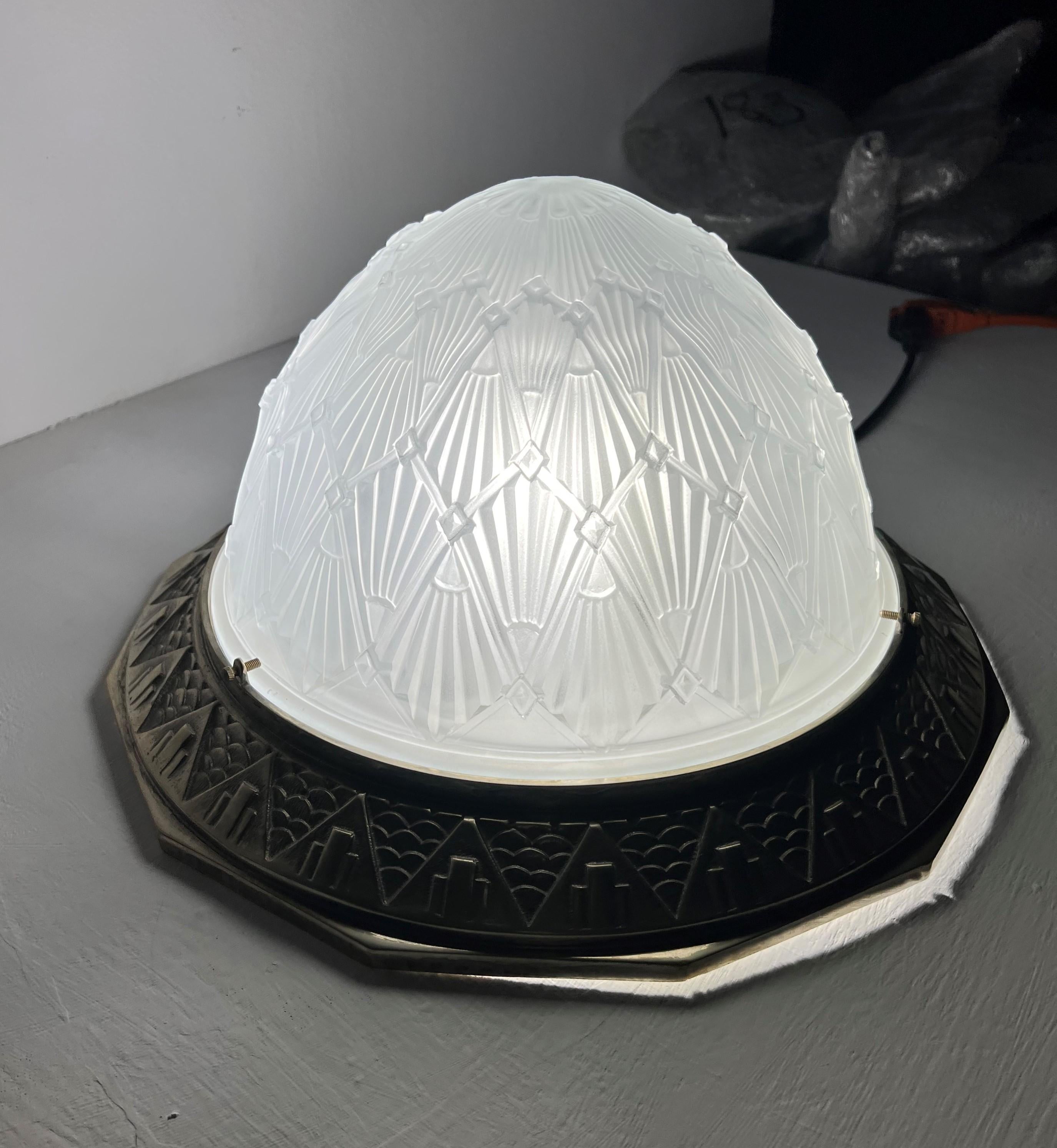 Large Art Deco Dome Flush Mount, Frosted Glas and Nickeled Bronze, France 1930s For Sale 11