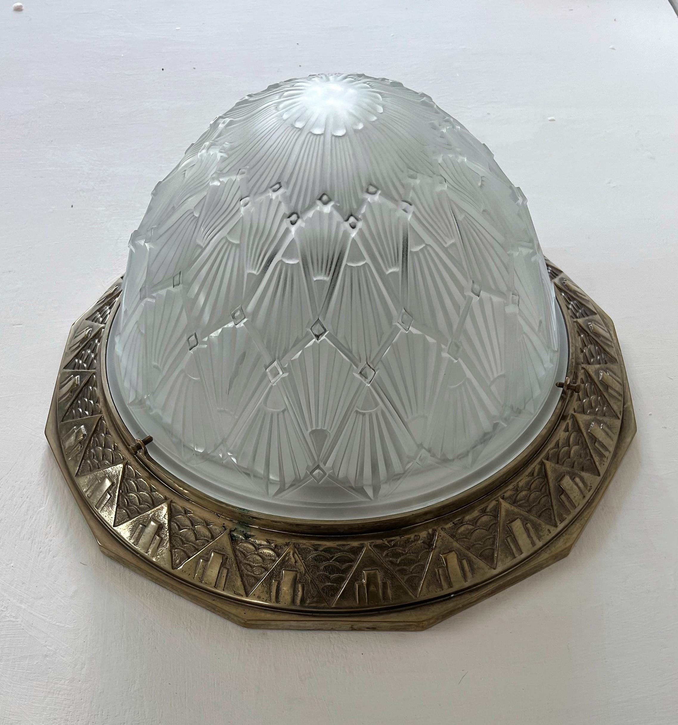 French Large Art Deco Dome Flush Mount, Frosted Glas and Nickeled Bronze, France 1930s For Sale