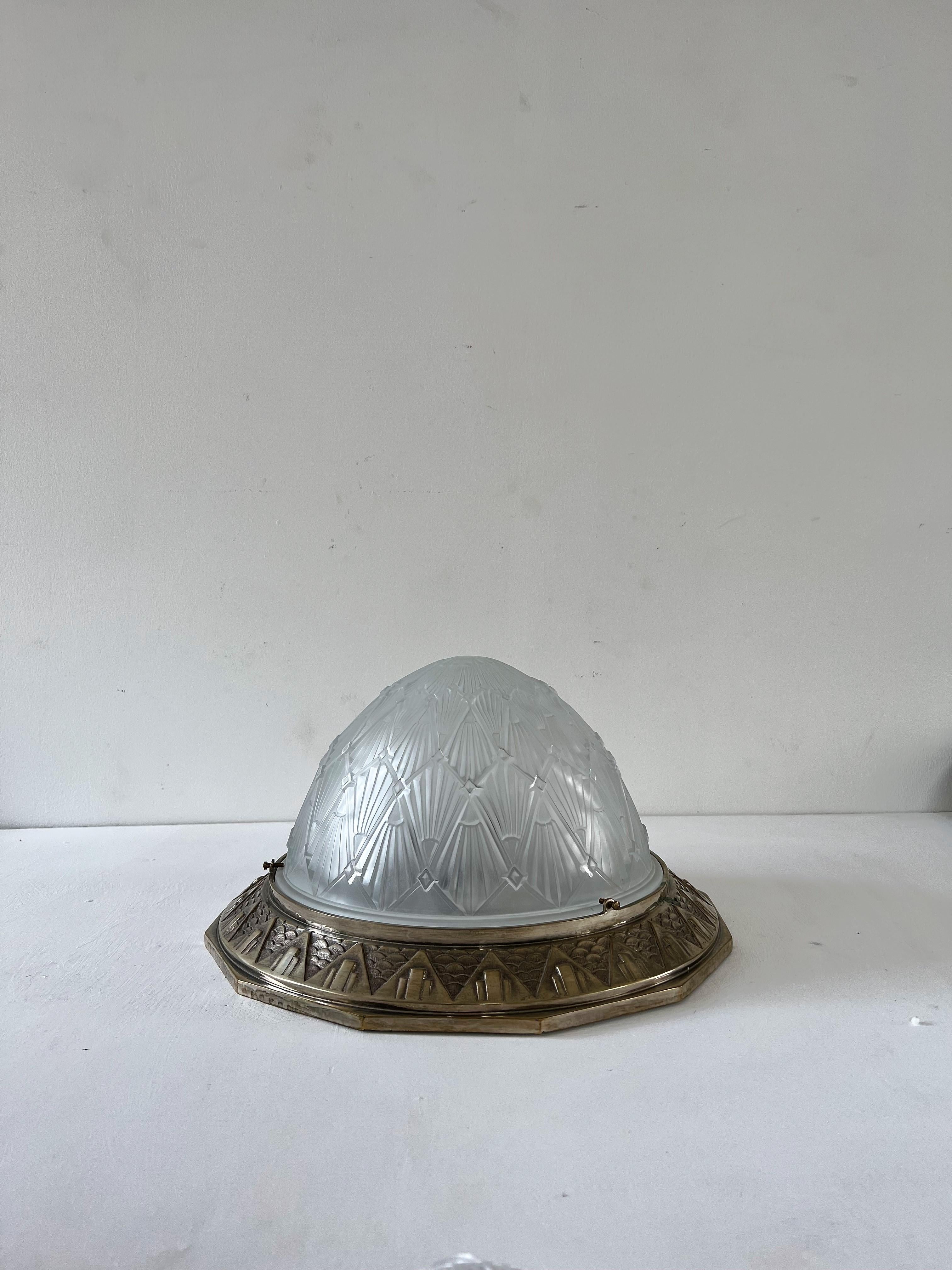 Large Art Deco Dome Flush Mount, Frosted Glas and Nickeled Bronze, France 1930s For Sale 1