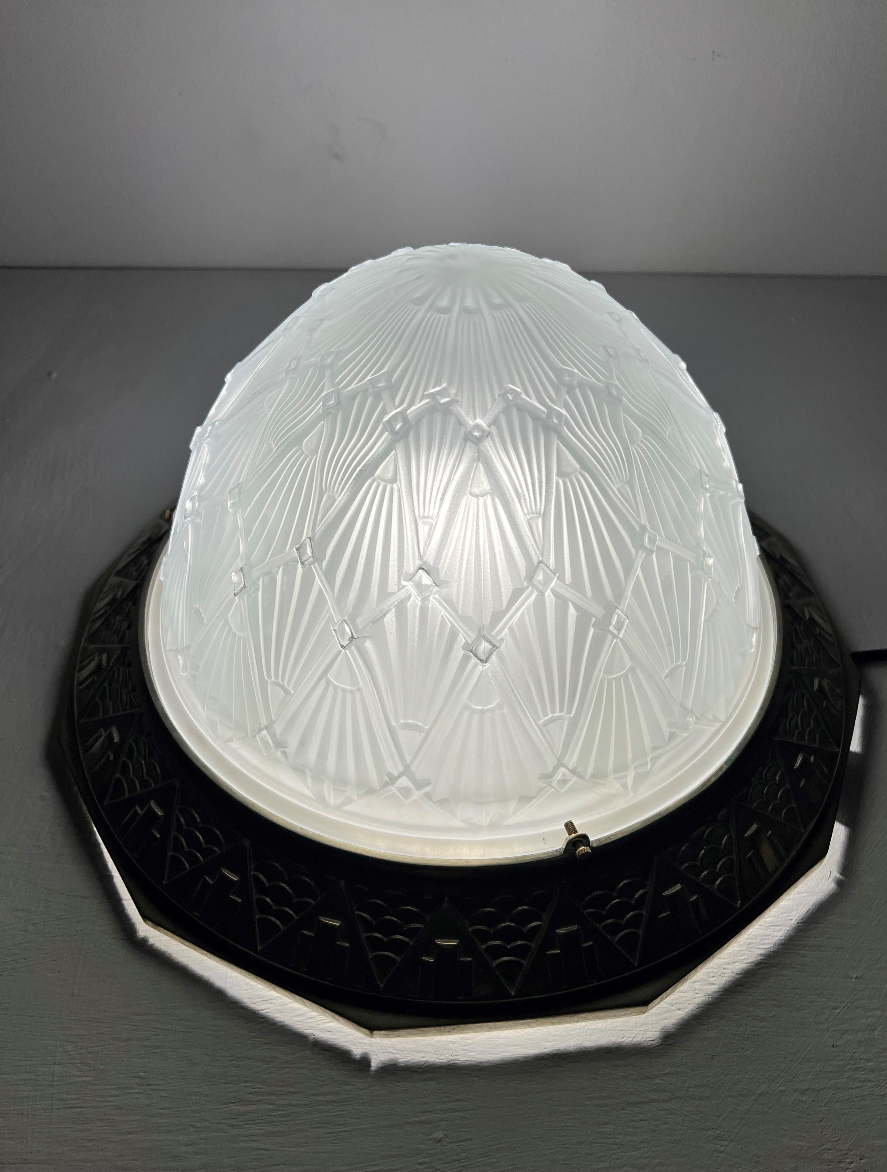 Large Art Deco Dome Flush Mount, Frosted Glas and Nickeled Bronze, France 1930s For Sale 2