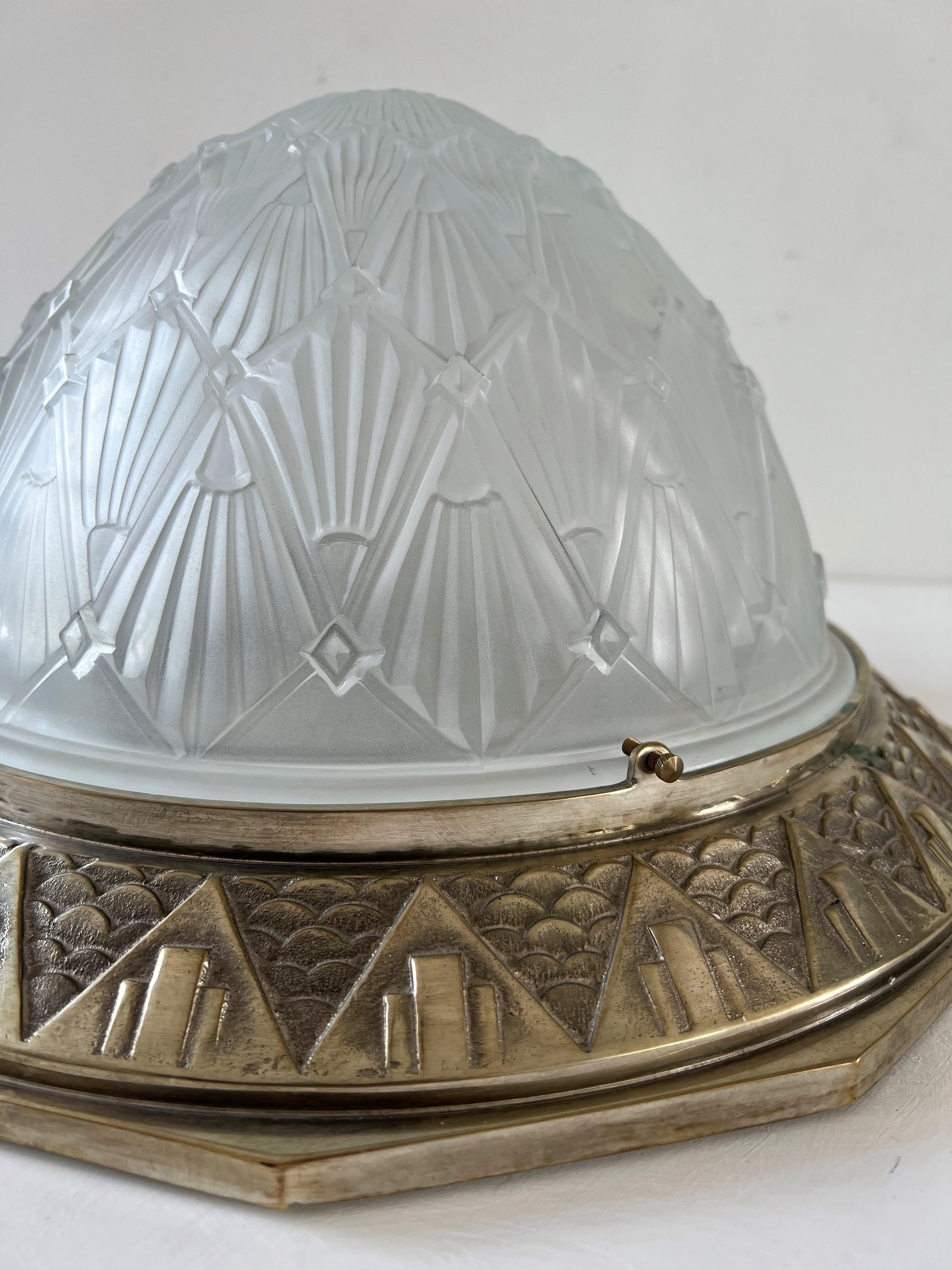 Large Art Deco Dome Flush Mount, Frosted Glas and Nickeled Bronze, France 1930s For Sale 3
