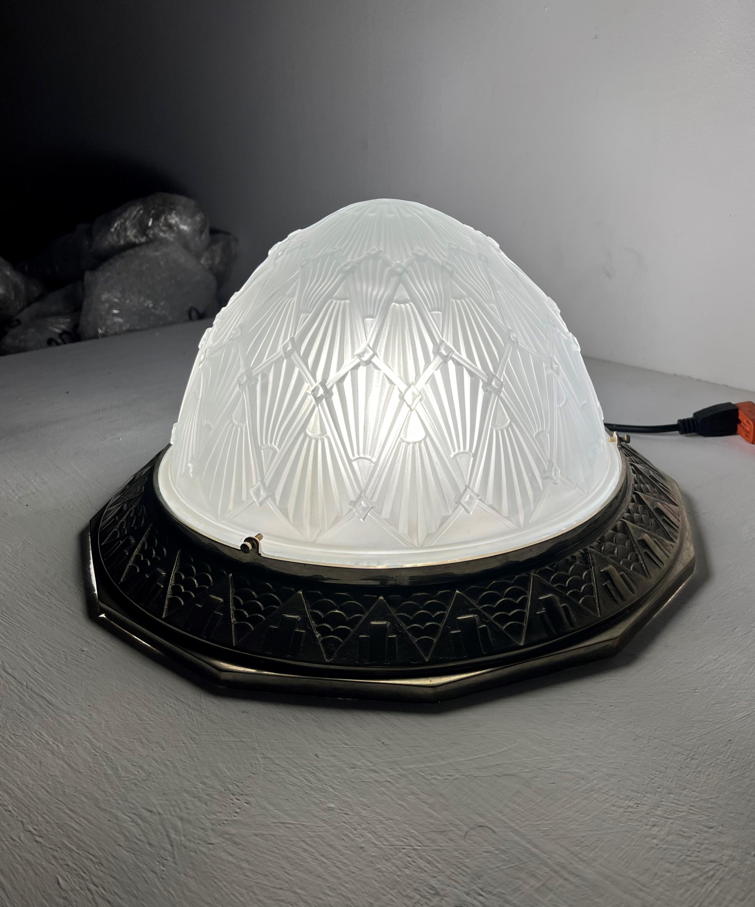 Large Art Deco Dome Flush Mount, Frosted Glas and Nickeled Bronze, France 1930s For Sale 4