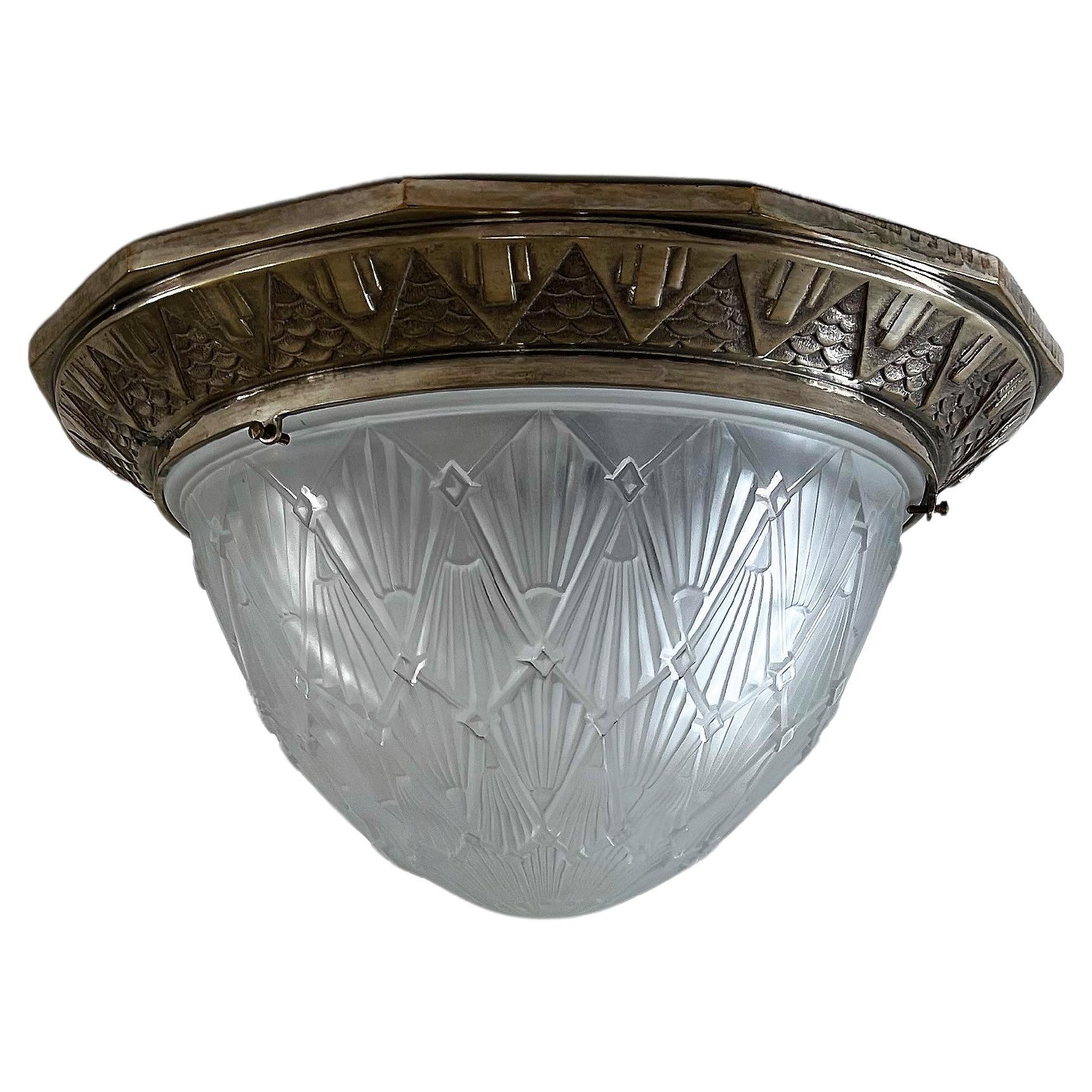 Large Art Deco Dome Flush Mount, Frosted Glas and Nickeled Bronze, France 1930s For Sale