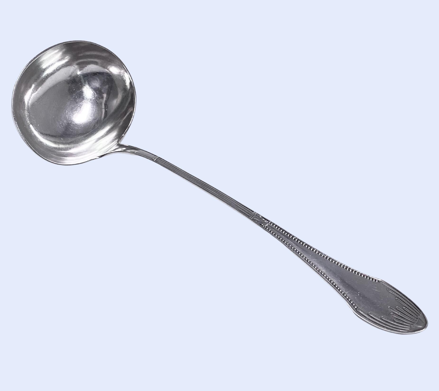 Large Art Deco Dutch Silver Soup Punch Ladle C.1920. Very nice deco design to front and reverse, plain oval bowl. Hallmarks on reverse and Dutch Foreign import mark for 1906-532. Length: 13 3/8 inches. Weight: 7.50 oz. 