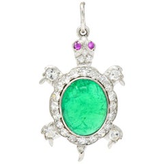 Large Art Deco Emerald Diamond Ruby Platinum Cute Turtle Charm