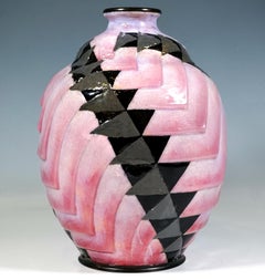 Large Art Deco Enamel Vase, Triangles Descendents, Camille Faure, France 1930/35