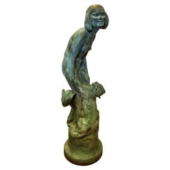 Large Art Deco Era Bronze Figural Group of a Girl with Two Panthers