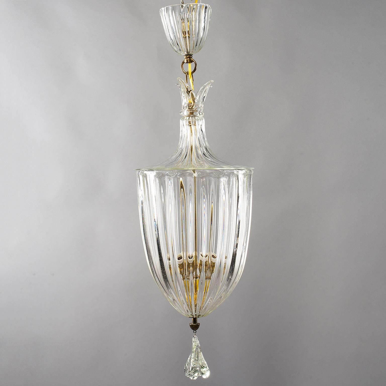 Brass Large Art Deco Era Murano Glass Lantern Attributed to Barovier and Toso