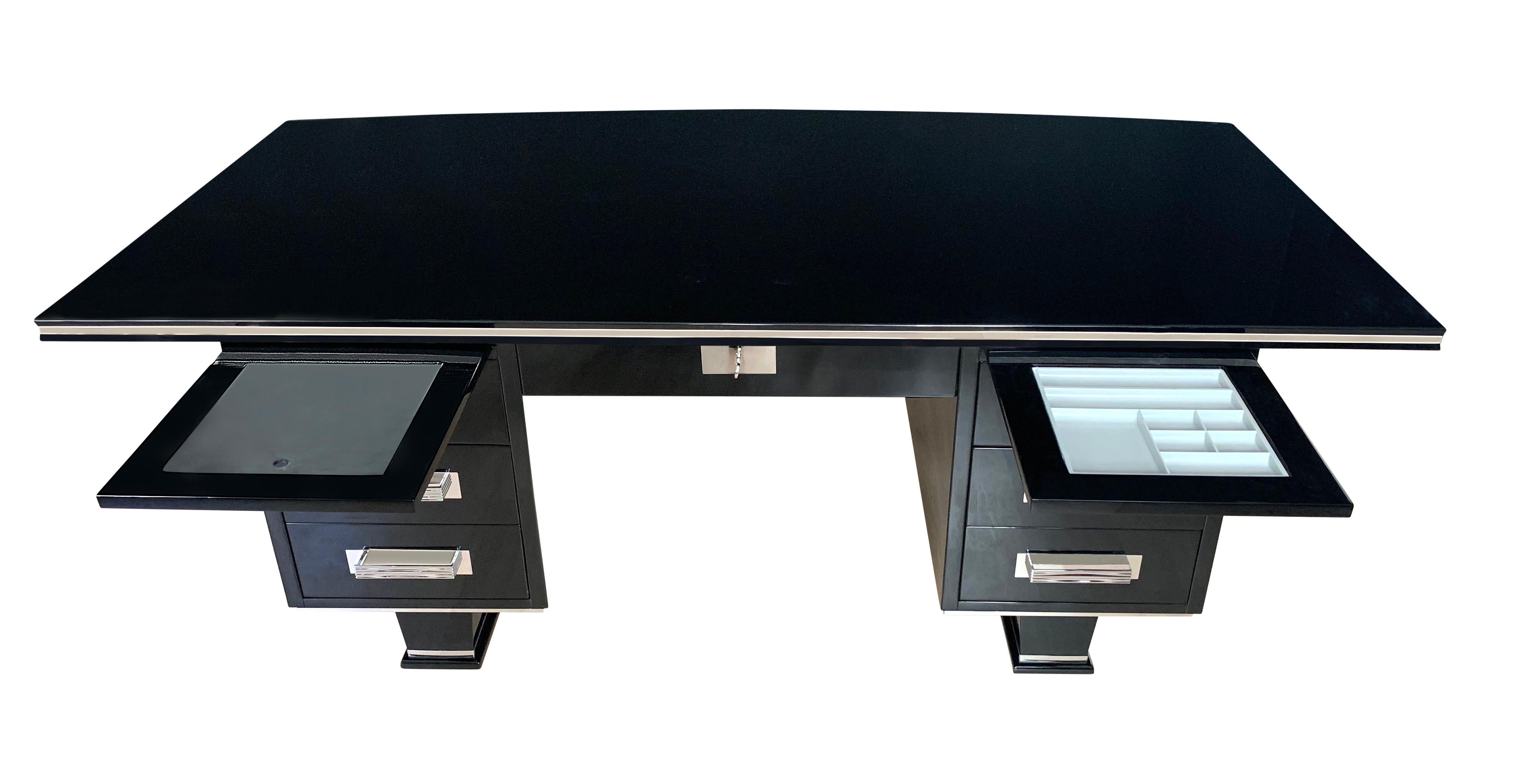 French Large Art Deco Executive Desk, Black Piano Lacquer and Chrome, France circa 1930