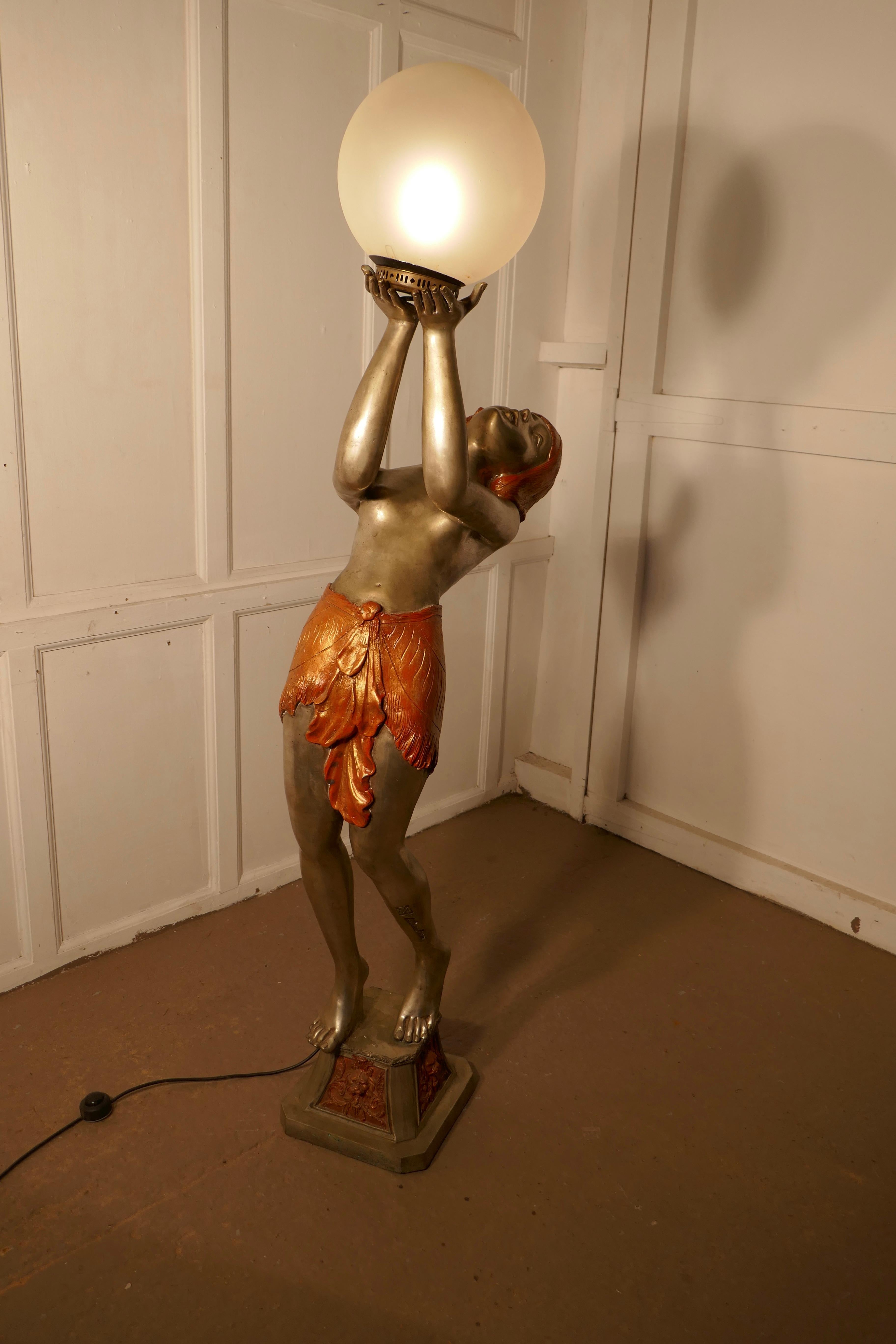 Large Art Deco Female Sculpture Floor Lamp, after Auguste Moreau Signed 6