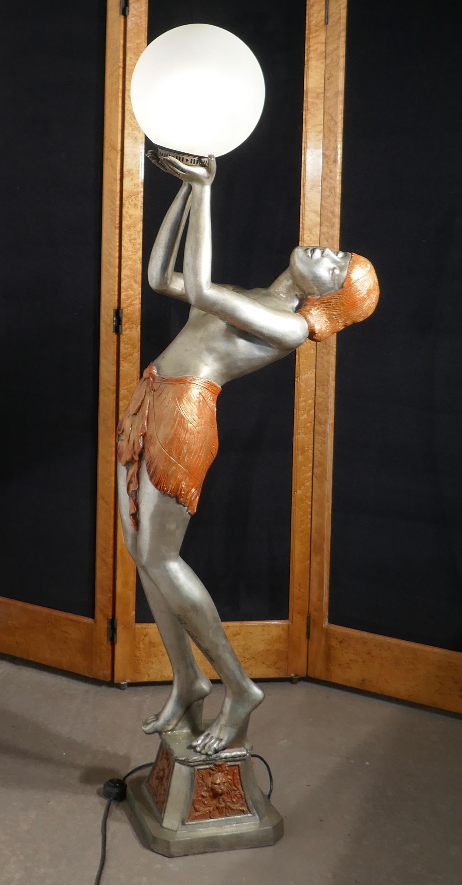 Large Art Deco Female Sculpture Floor Lamp, after Auguste Moreau Signed In Good Condition In Chillerton, Isle of Wight