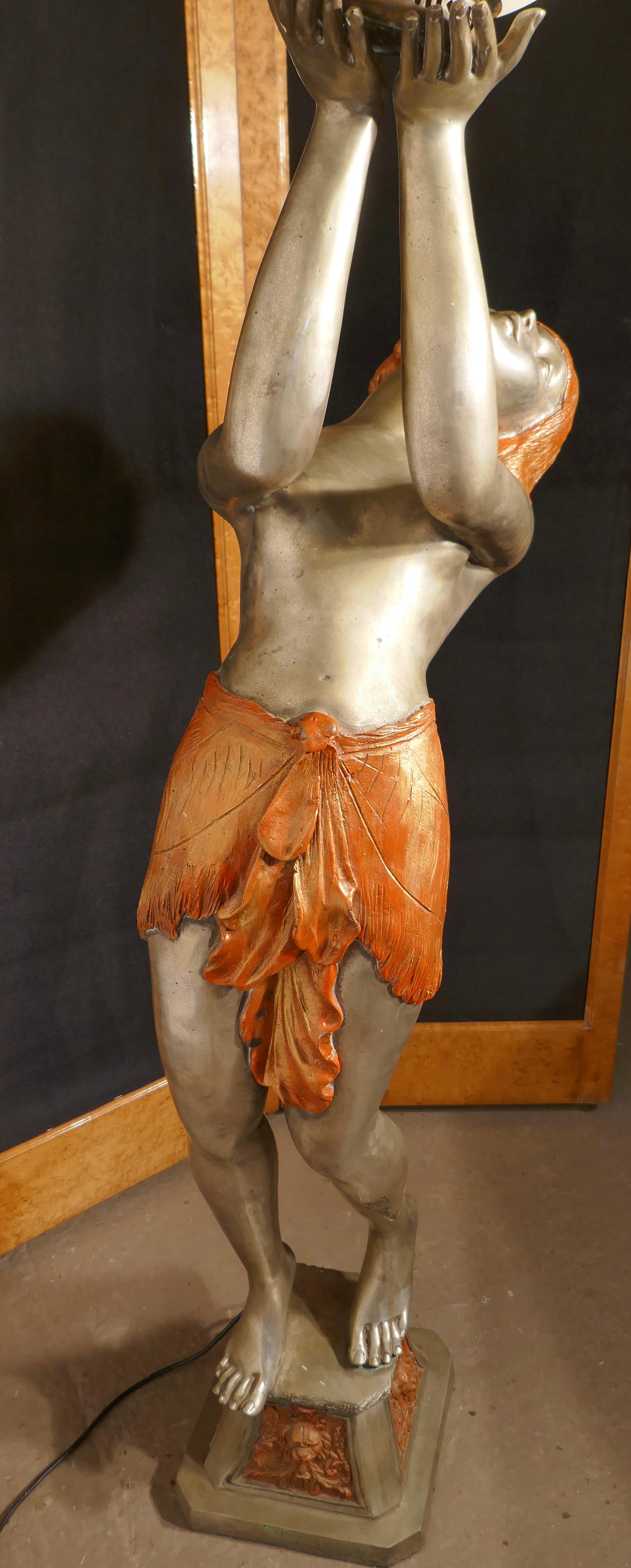Brass Large Art Deco Female Sculpture Floor Lamp, after Auguste Moreau Signed