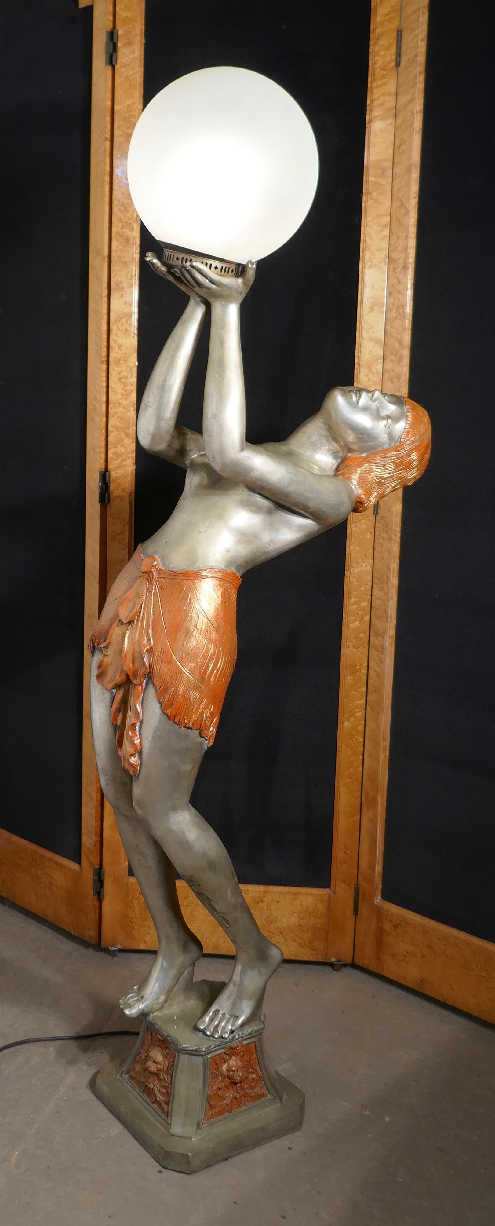 Large Art Deco Female Sculpture Floor Lamp, after Auguste Moreau Signed 1