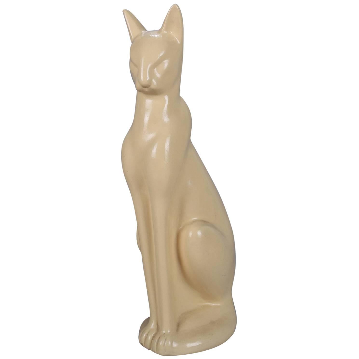 Large Art Deco Figural Ceramic Sculpture of Siamese Cat, circa 1930