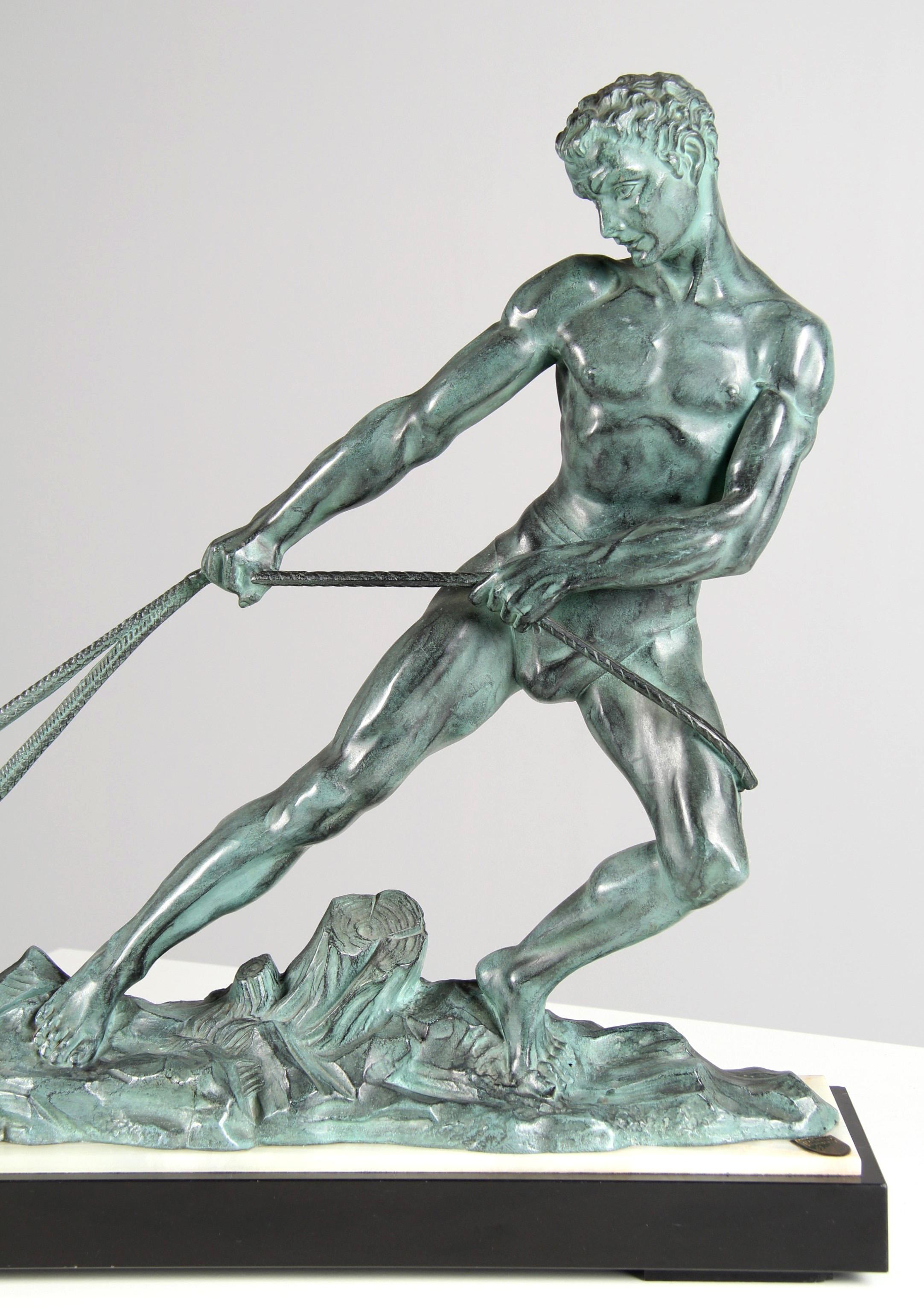 French Large Art Deco Fisherman Sculpture In The Style Of Alexandre Ouline