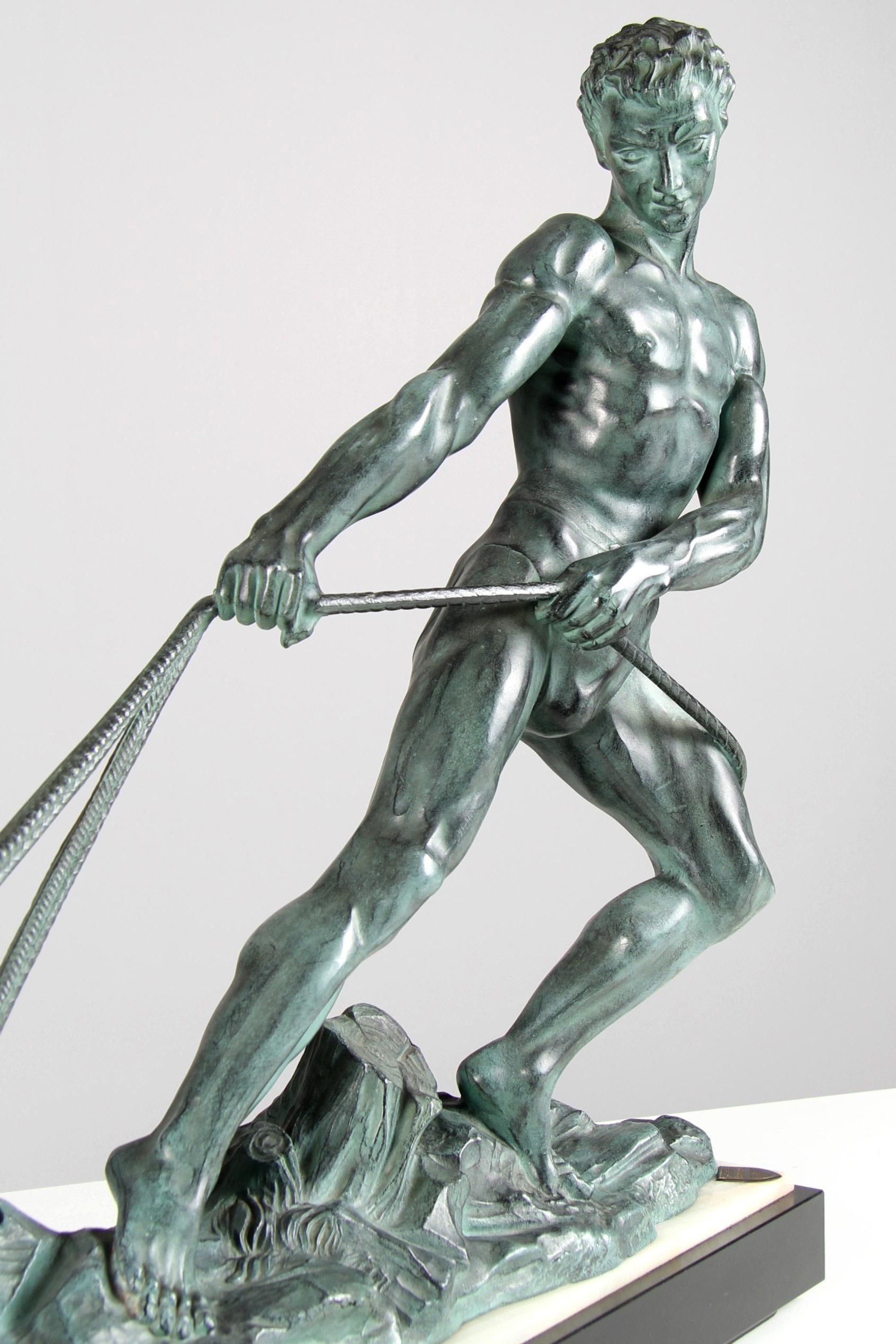 Large Art Deco Fisherman Sculpture In The Style Of Alexandre Ouline In Good Condition In Greven, DE