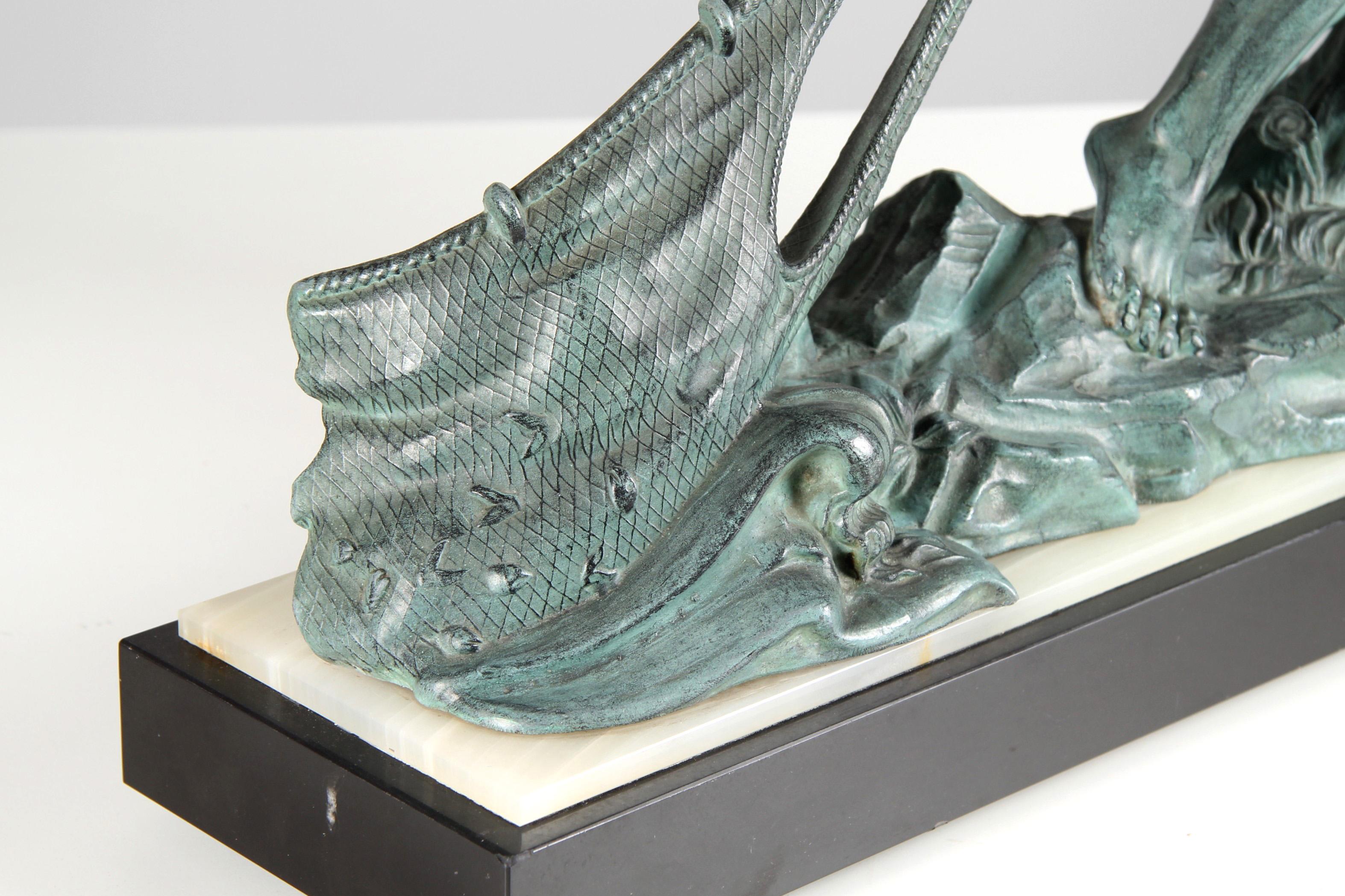 20th Century Large Art Deco Fisherman Sculpture In The Style Of Alexandre Ouline
