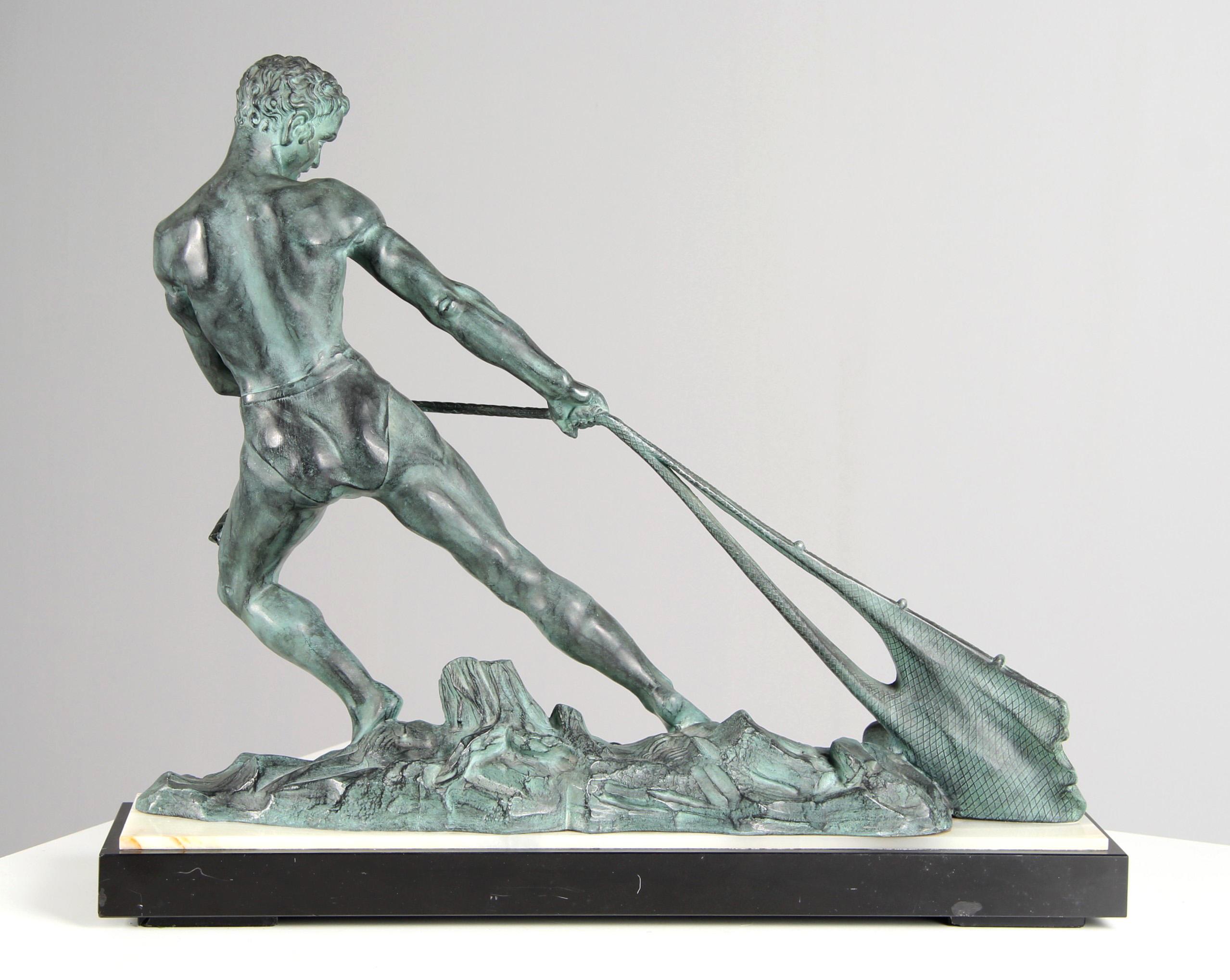 Large Art Deco Fisherman Sculpture In The Style Of Alexandre Ouline 1