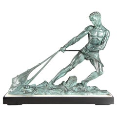 Large Art Deco Fisherman Sculpture In The Style Of Alexandre Ouline