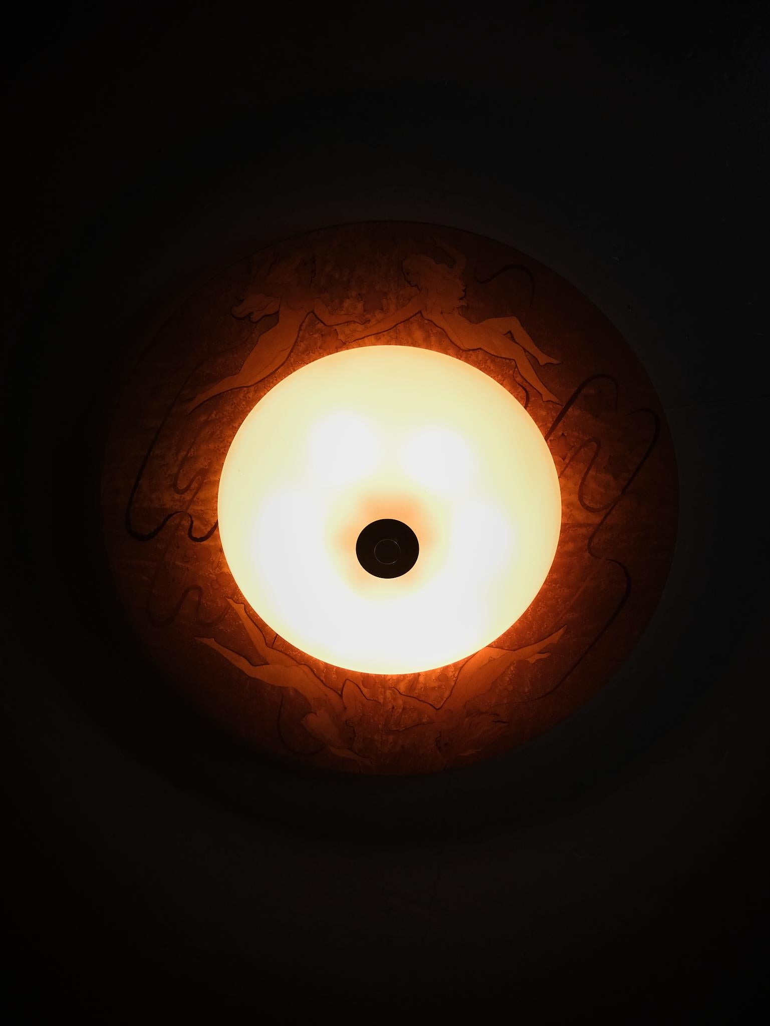 Mahogany Large Art Deco flush mount ceiling lamp by Birger Ekman, Sweden, 1930s For Sale