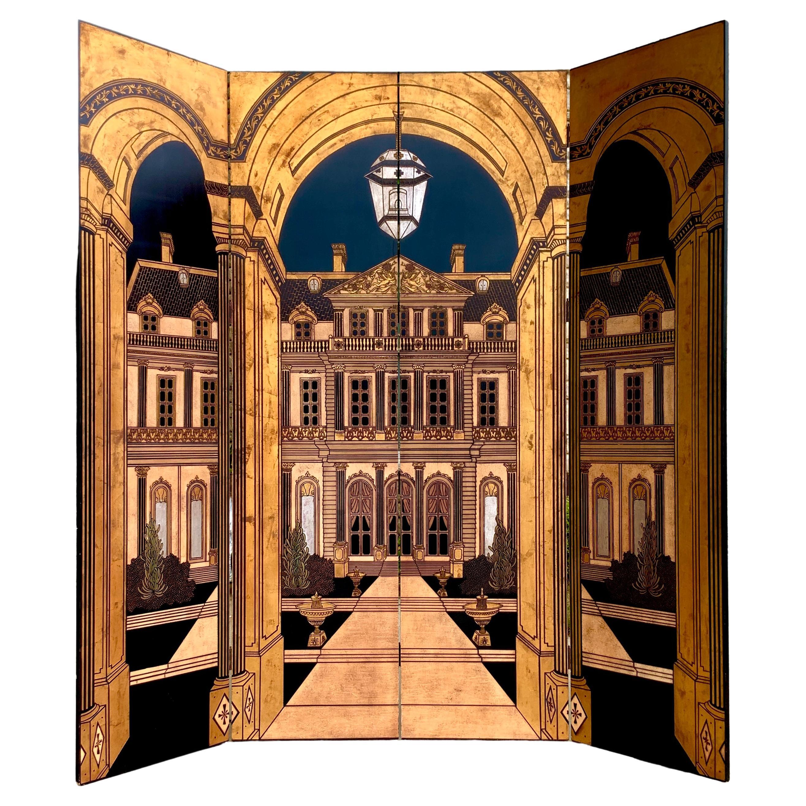 A monumental Art Deco screen or room divider by Fournier Paris. 
This beautiful screen is embossed with gold leaf, hand gilding and ebony wood panels with textured painting. Architectural decor the screen has 4 folding panels. This screen will be