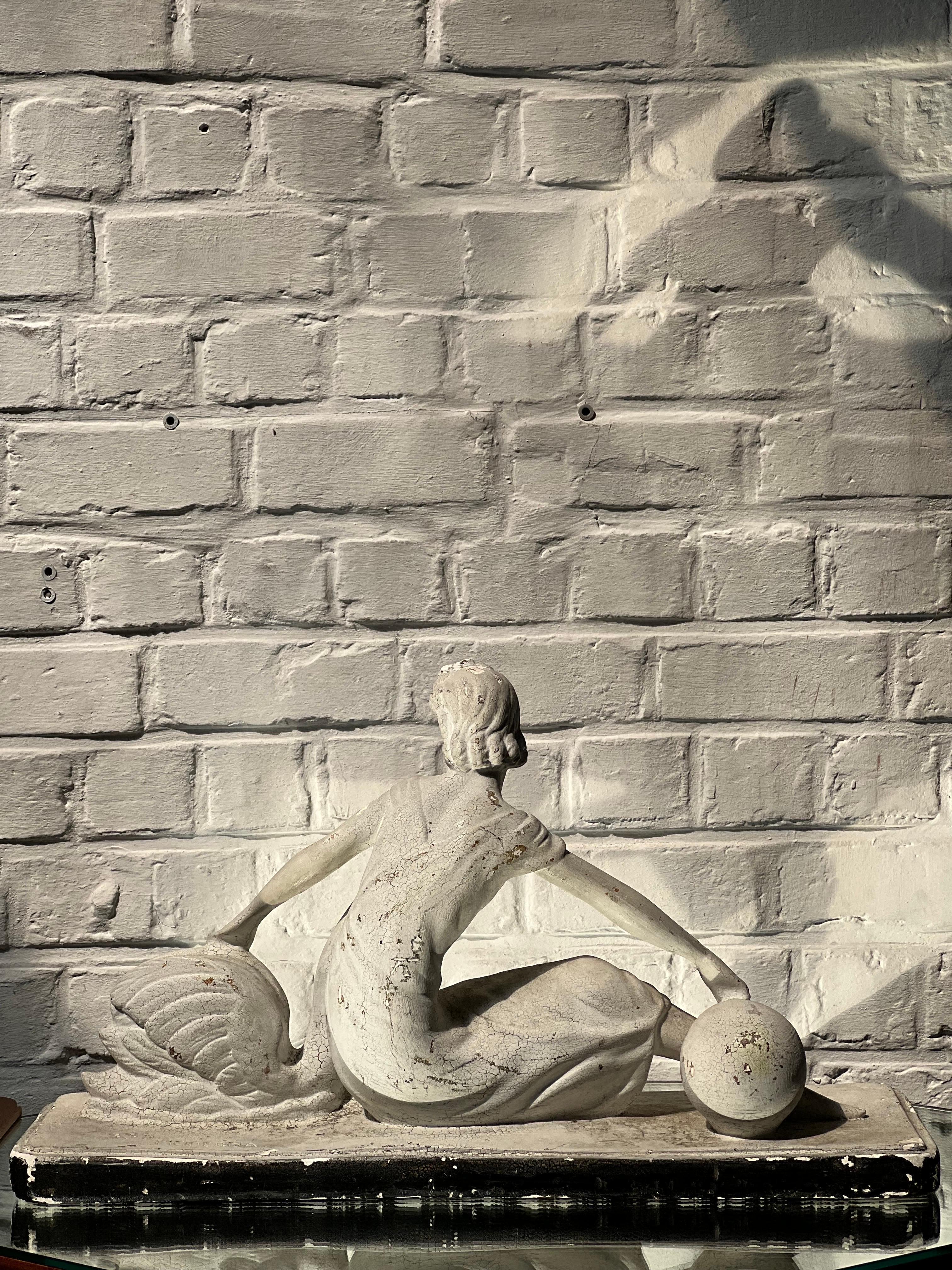 Hand-Crafted Large Art Deco French Woman with a Swan, France 1930:40s, Plaster with Patina For Sale