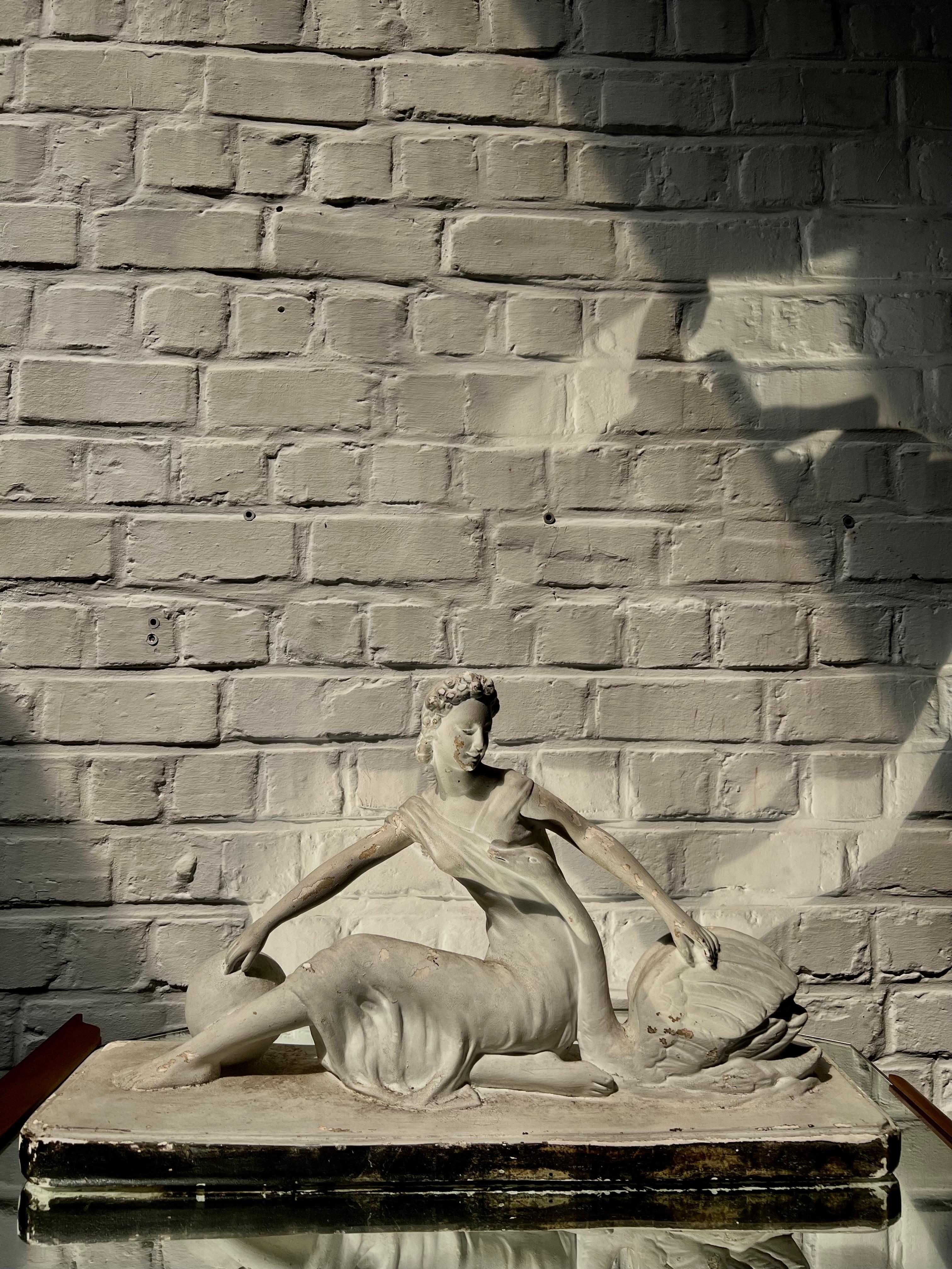 Large Art Deco French Woman with a Swan, France 1930:40s, Plaster with Patina For Sale 3