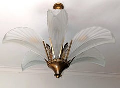 Large Art Deco Frosted Glass Palm Tree Hollywood Regency Brass Chandelier