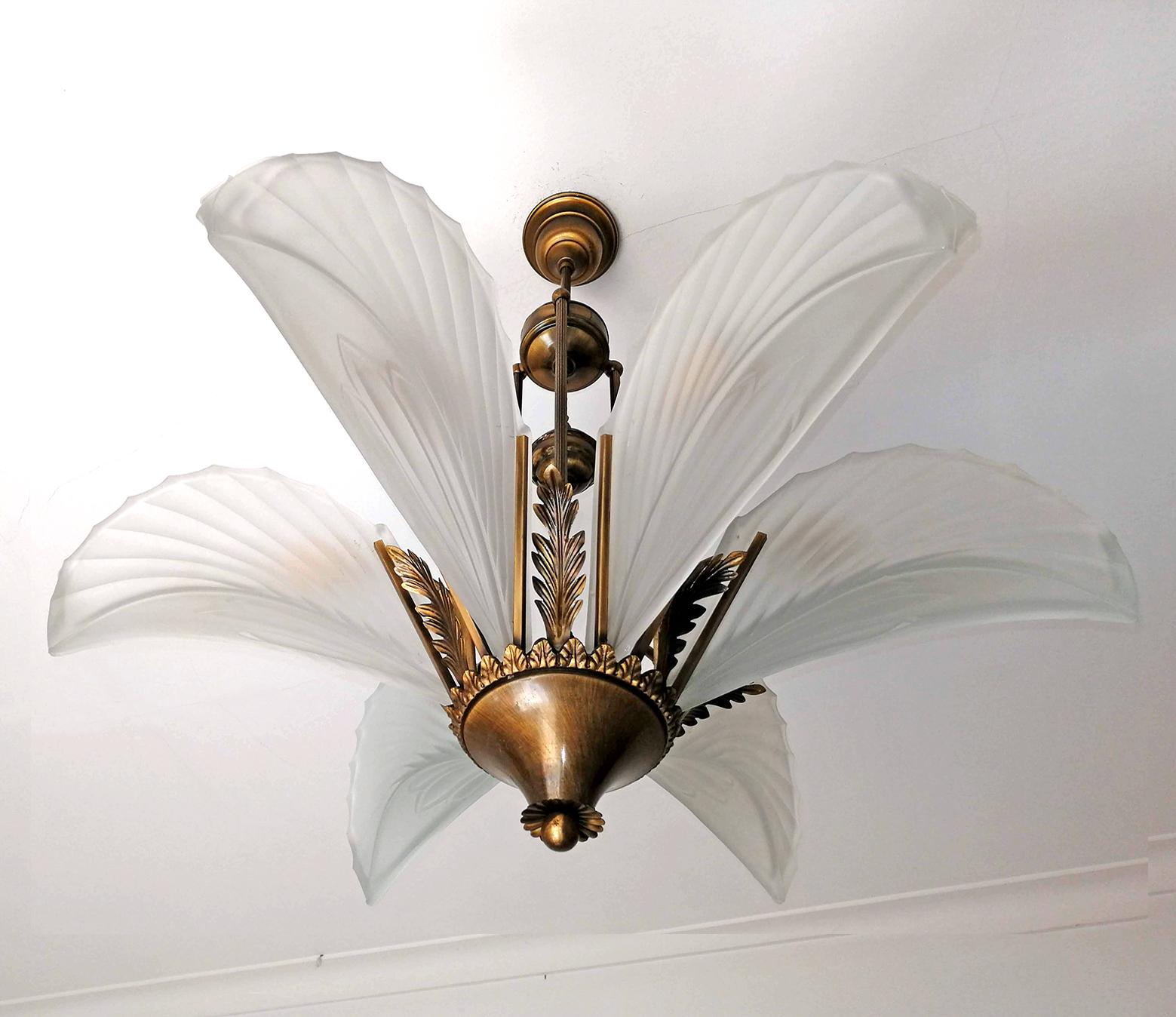 French Large Art Deco Frosted Glass Palm Tree Hollywood Regency Brass Chandelier