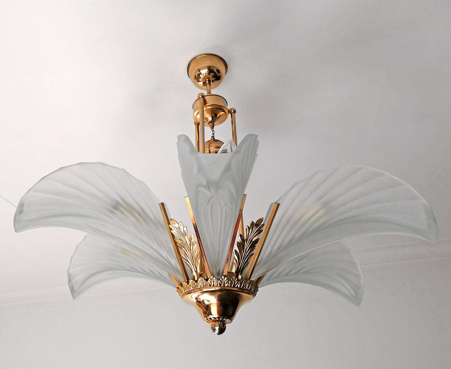 French Large Art Deco Frosted Glass Palm Tree Hollywood Regency Gilt Chandelier