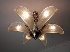 Large Art Deco Frosted Glass Palm Tree Hollywood Regency Gilt Chandelier