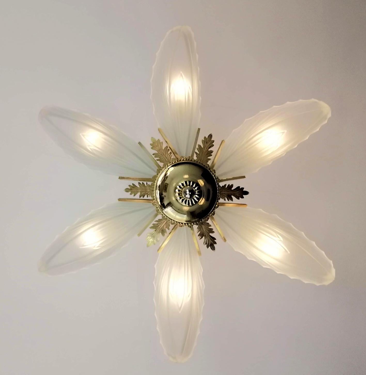 Large Art Deco Frosted Glass Palm Tree Hollywood Regency Gilt Chandelier 2