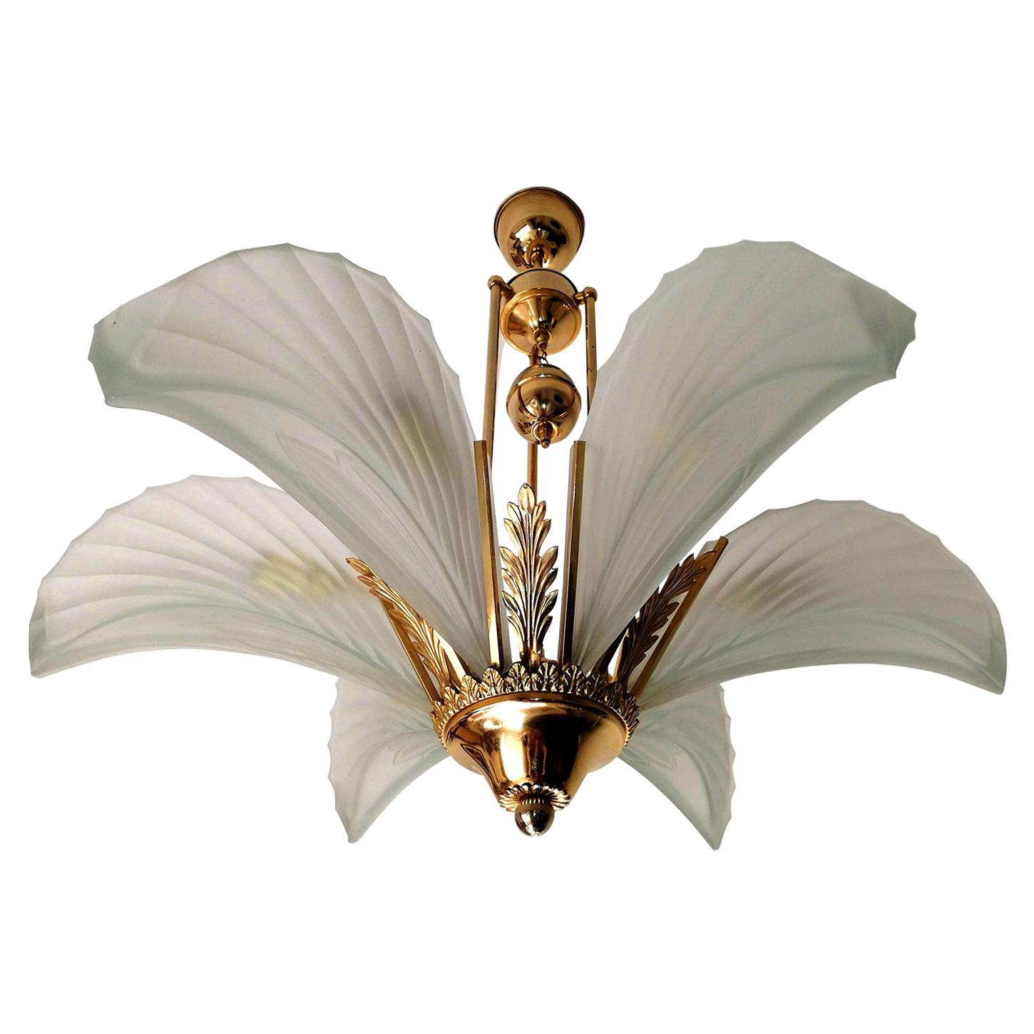 Metal Large Art Deco Frosted Glass Palm Tree Hollywood Regency Gilt Chandelier