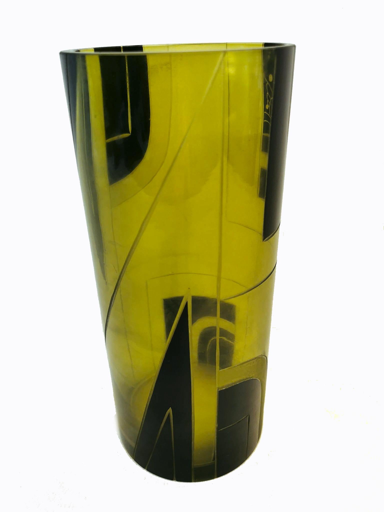 Large Art Deco Geometric Enamel Glass Vase In Excellent Condition For Sale In Devon, England