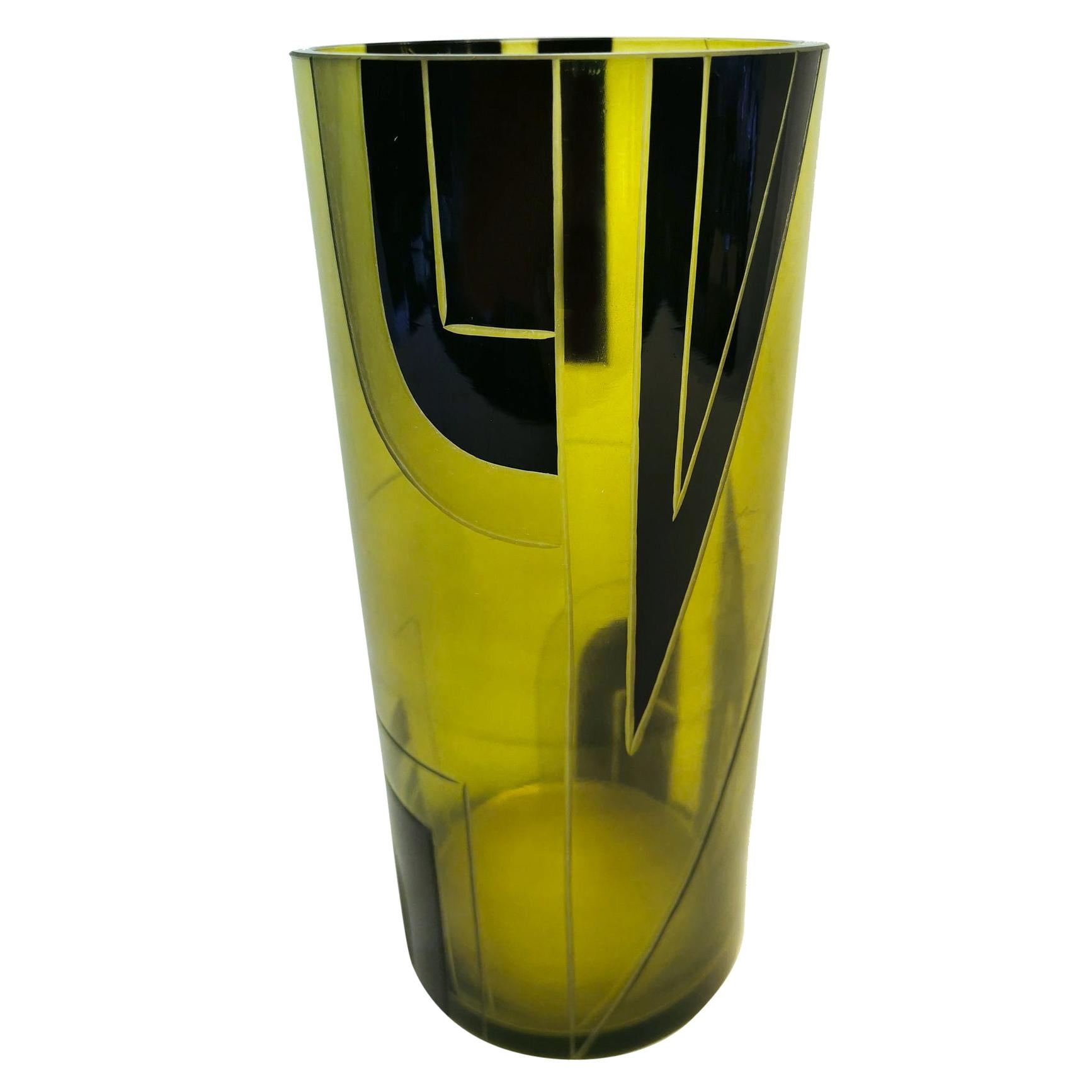 Large Art Deco Geometric Enamel Glass Vase For Sale