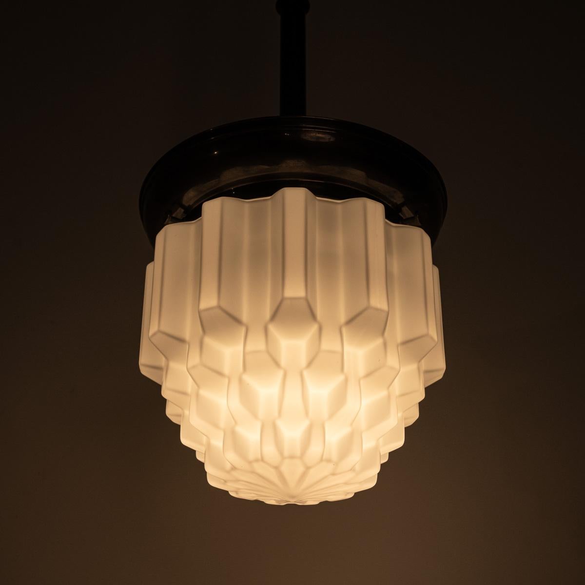 Large Art Deco Geometric Jelly Mould Opaline Glass Pendant Lights Set of Three For Sale 7