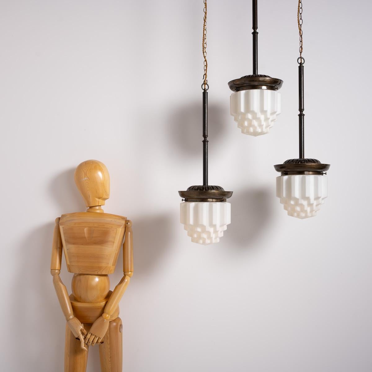 Large Art Deco Geometric Jelly Mould Opaline Glass Pendant Lights Set of Three For Sale 9